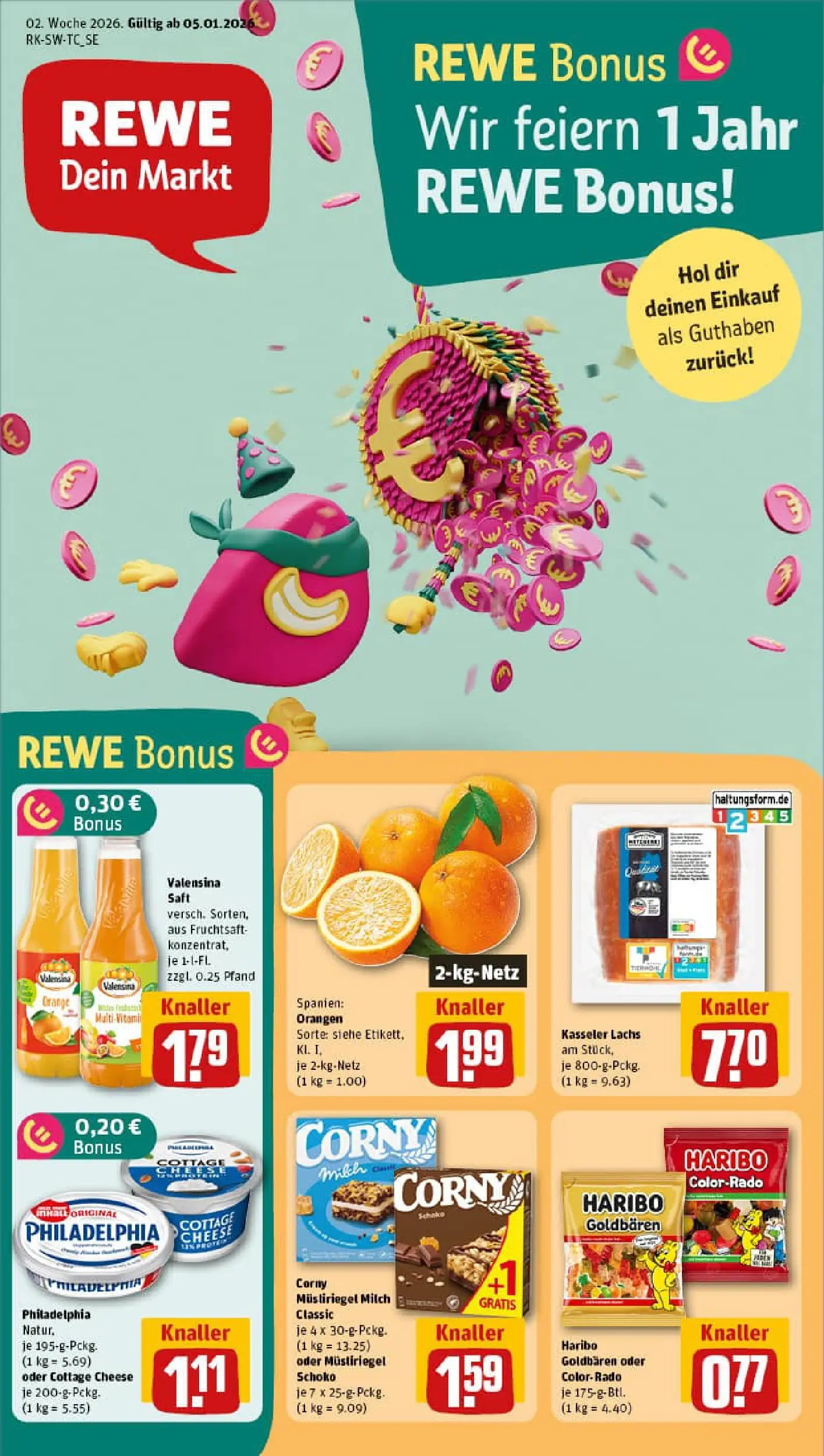 REWE Prospekt ab 04.01.2026 zum Blättern » Angebote | Seite: 1 | Produkte: Philadelphia, Orangen, Valensina, Fruchtsaft