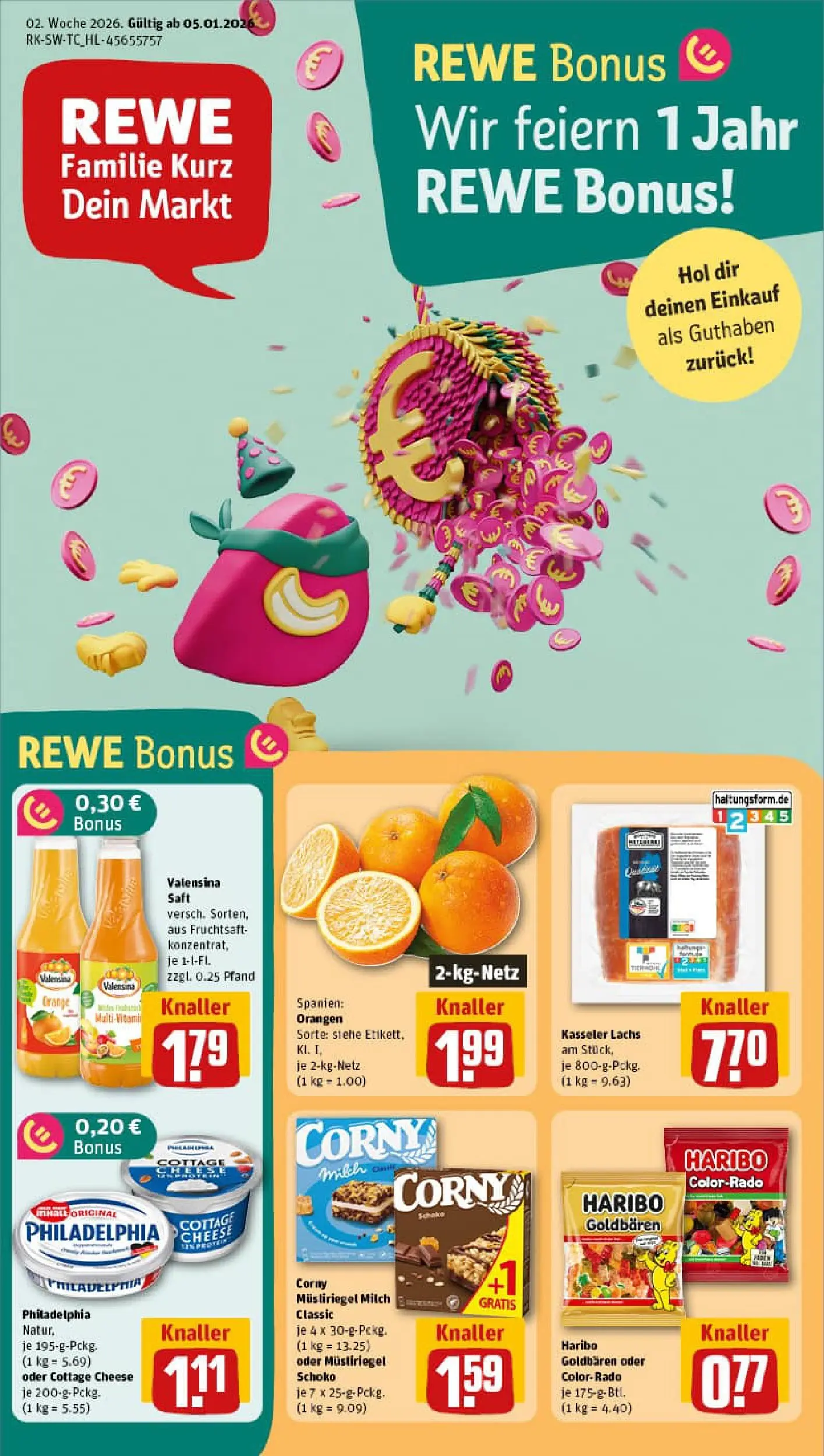 REWE Prospekt ab 04.01.2026 zum Blättern » Angebote | Seite: 1 | Produkte: Philadelphia, Orangen, Valensina, Lachs