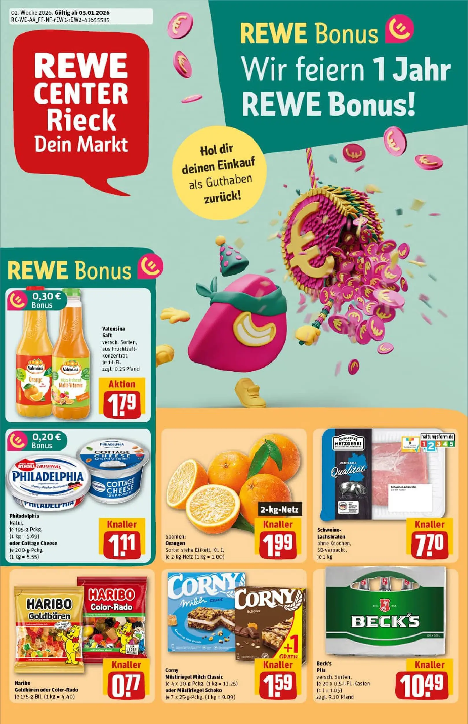 REWE Prospekt ab 04.01.2026 zum Blättern » Angebote | Seite: 1 | Produkte: Philadelphia, Orangen, Saft, Fruchtsaft