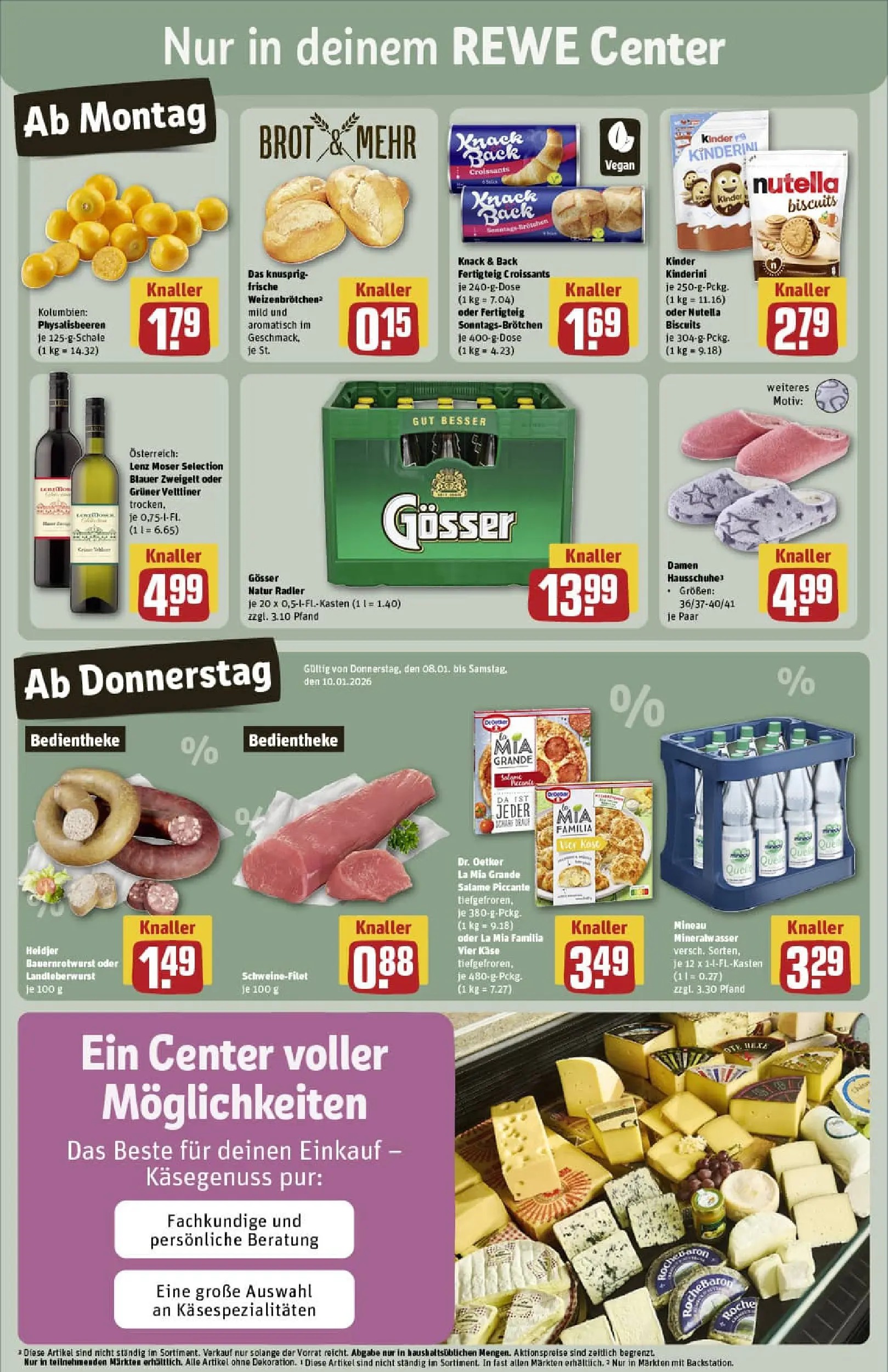 REWE Prospekt ab 04.01.2026 zum Blättern » Angebote | Seite: 3 | Produkte: Käse, Mineralwasser, Brot, Hausschuhe
