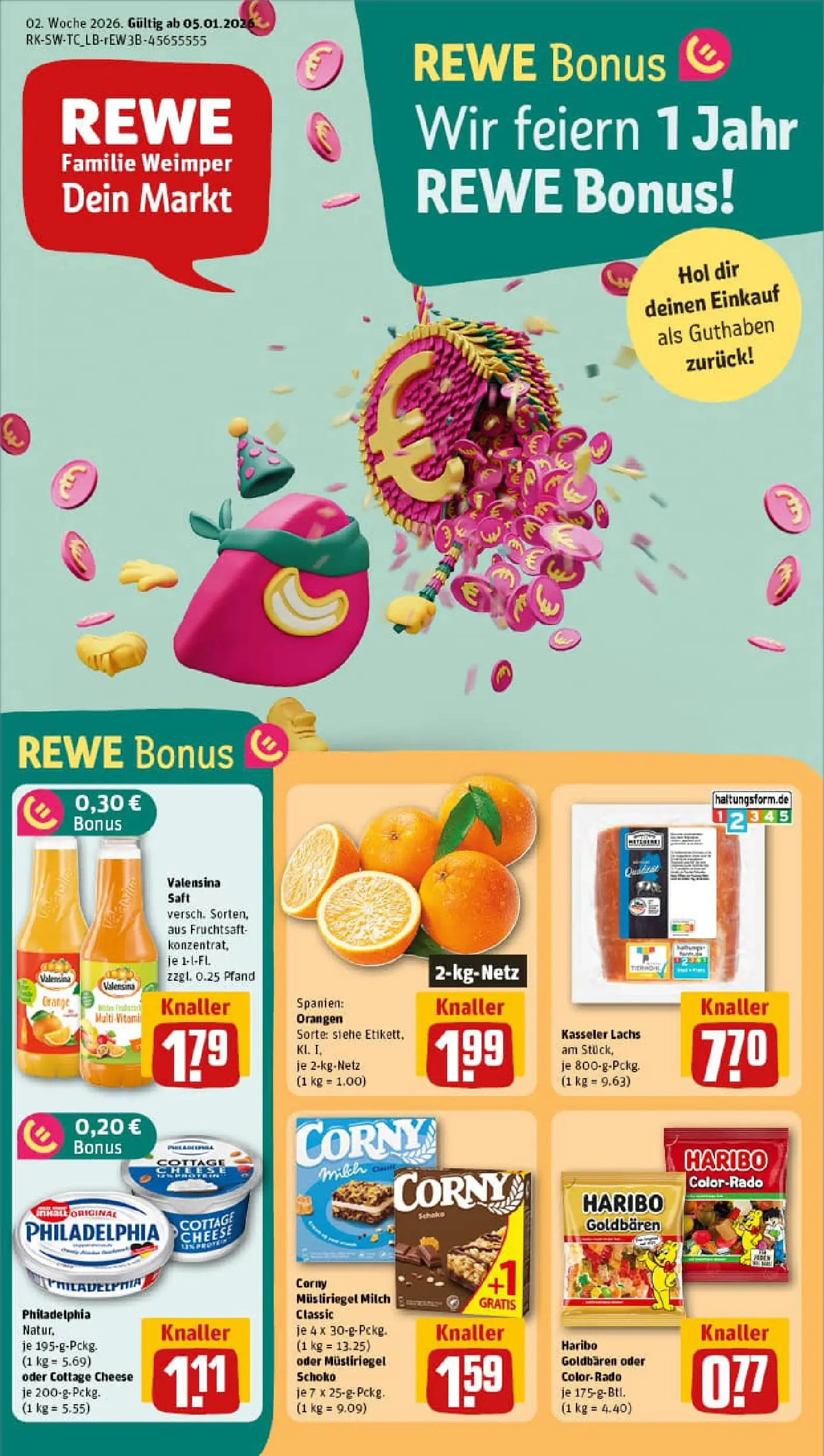 REWE Prospekt ab 04.01.2026 zum Blättern » Angebote | Seite: 1 | Produkte: Haribo, Milch, Orangen, Fruchtsaft