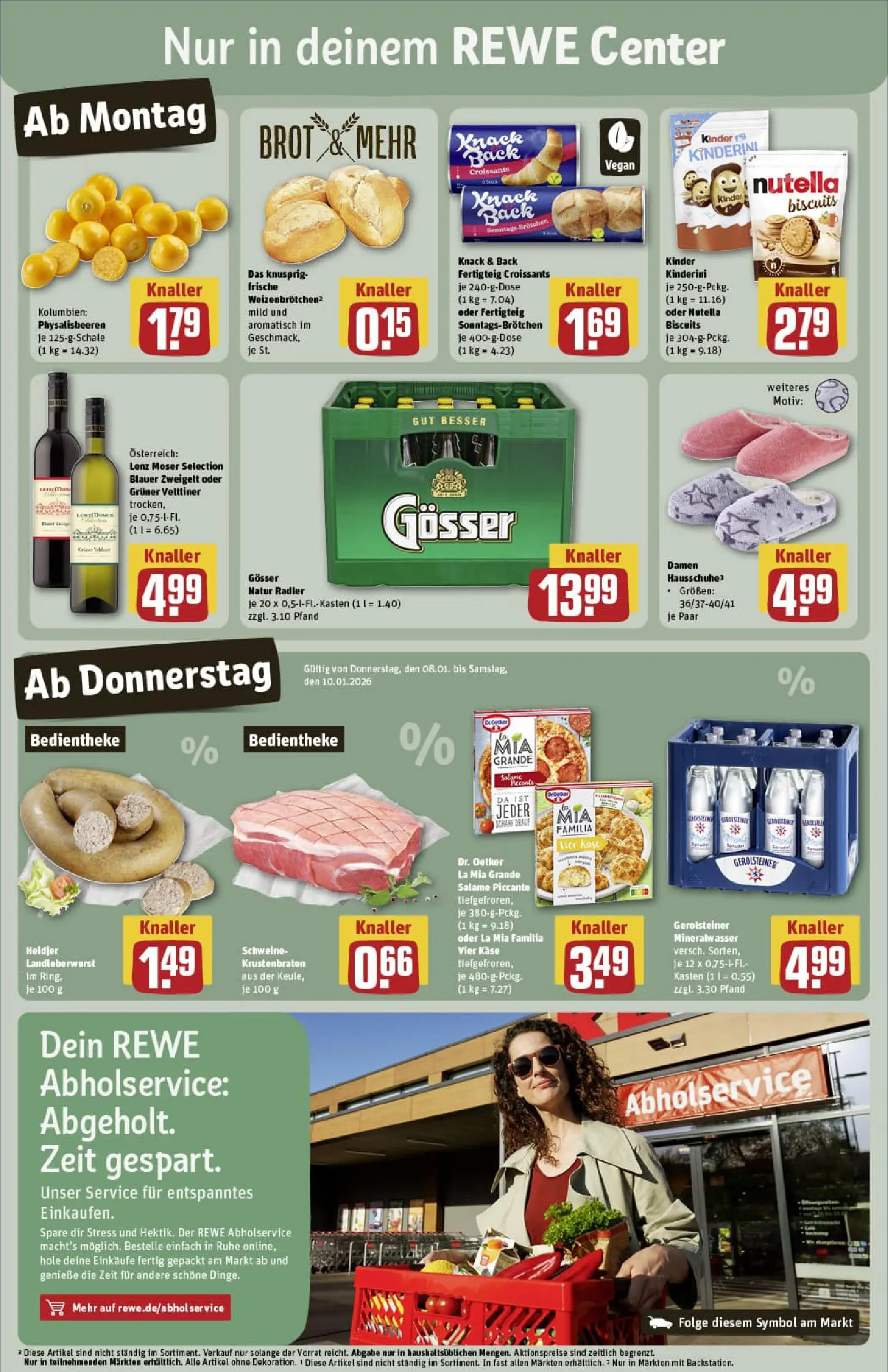 REWE Prospekt ab 04.01.2026 zum Blättern » Angebote | Seite: 3 | Produkte: Krustenbraten, Mineralwasser, Pizza, Hausschuhe