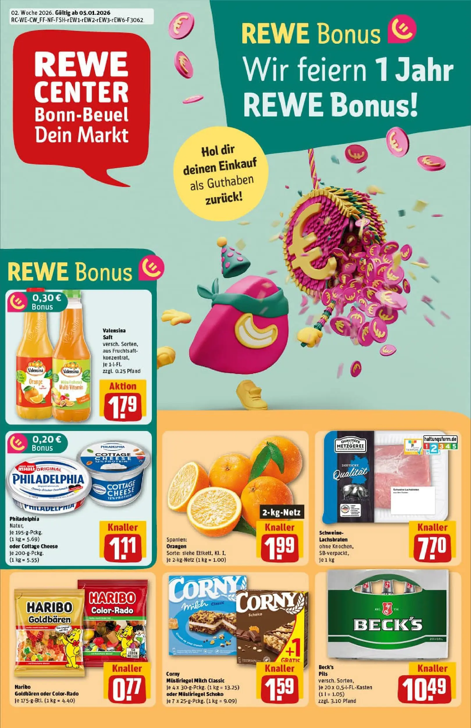 REWE Prospekt ab 04.01.2026 zum Blättern » Angebote | Seite: 1 | Produkte: Haribo, Milch, Orangen, Saft