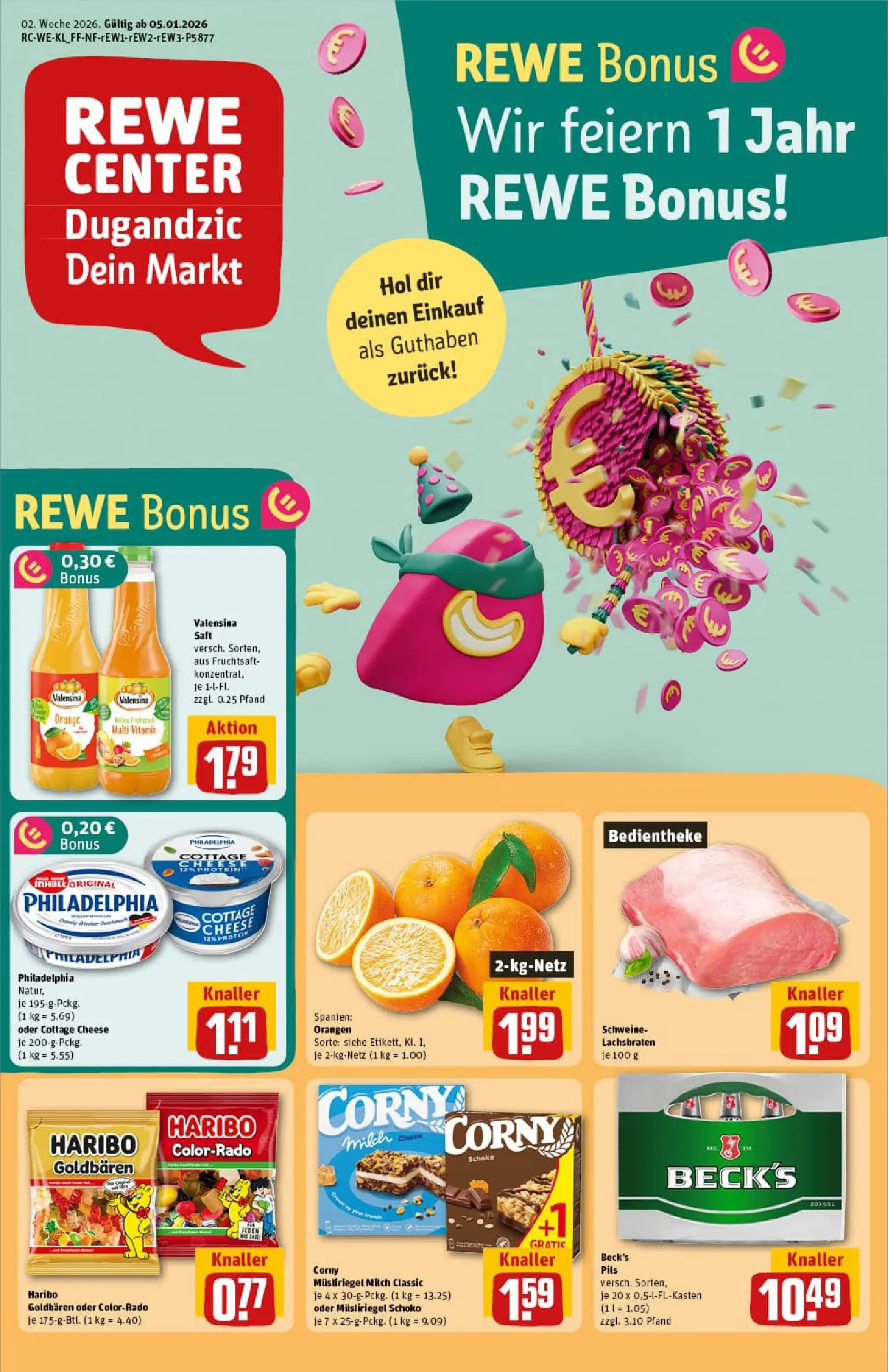 REWE Prospekt ab 04.01.2026 zum Blättern » Angebote | Seite: 1 | Produkte: Philadelphia, Pils, Valensina, Fruchtsaft