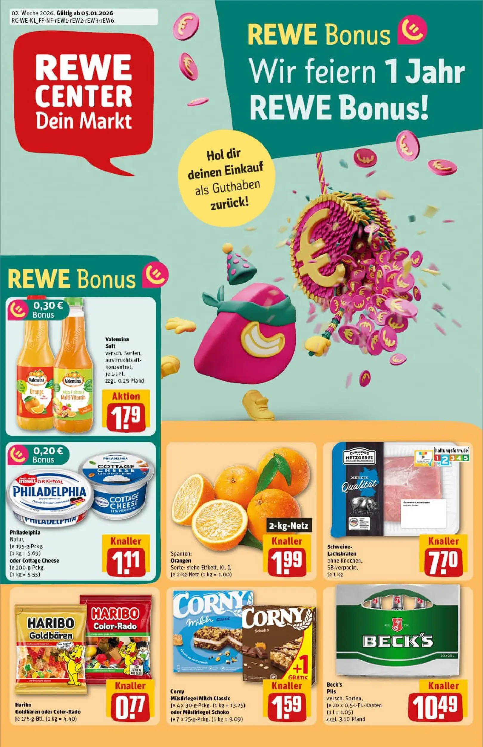 REWE Prospekt ab 04.01.2026 zum Blättern » Angebote | Seite: 1 | Produkte: Haribo, Milch, Orangen, Valensina