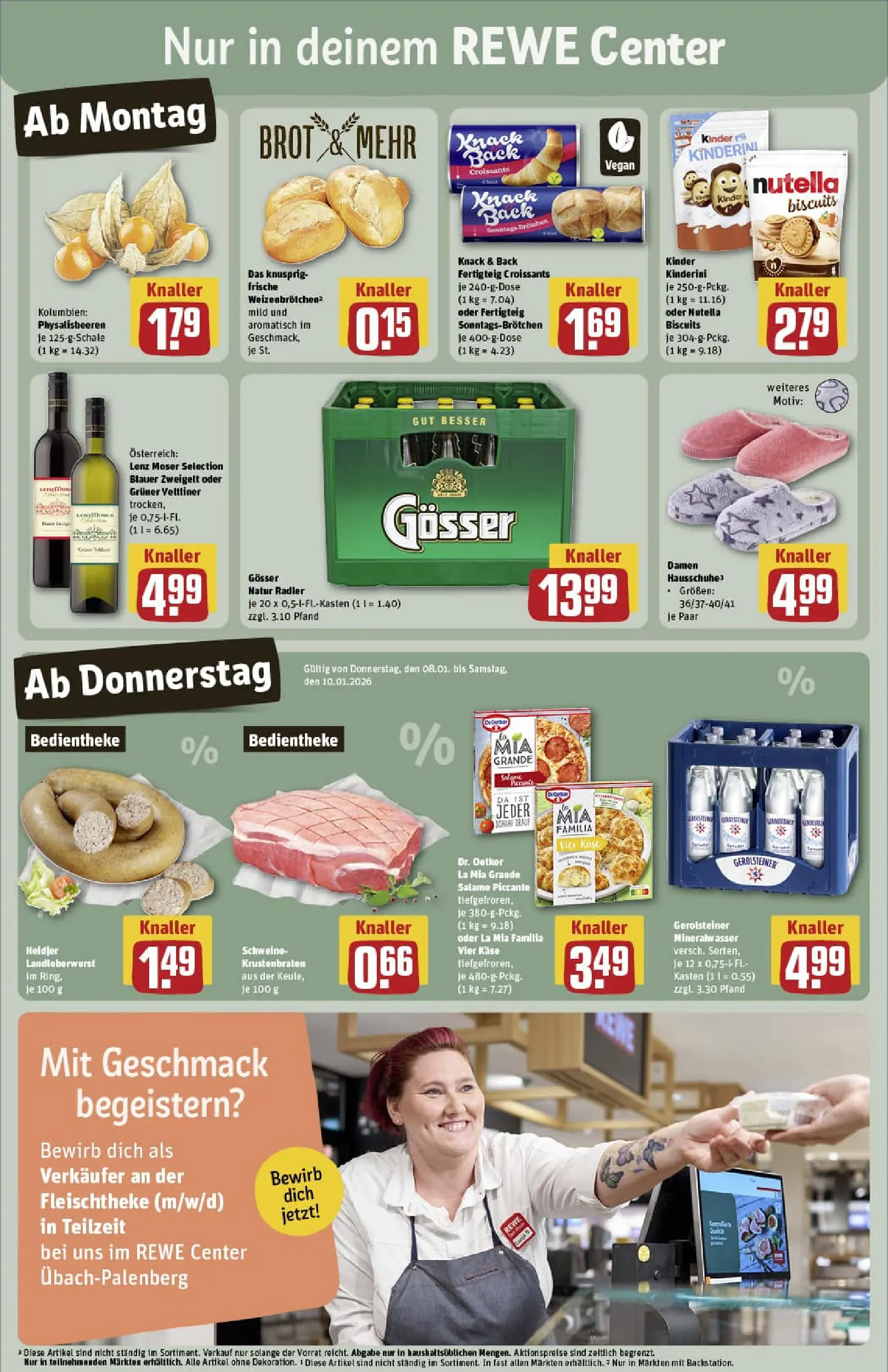 REWE Prospekt ab 04.01.2026 zum Blättern » Angebote | Seite: 3 | Produkte: Krustenbraten, Mineralwasser, Radler, Hausschuhe