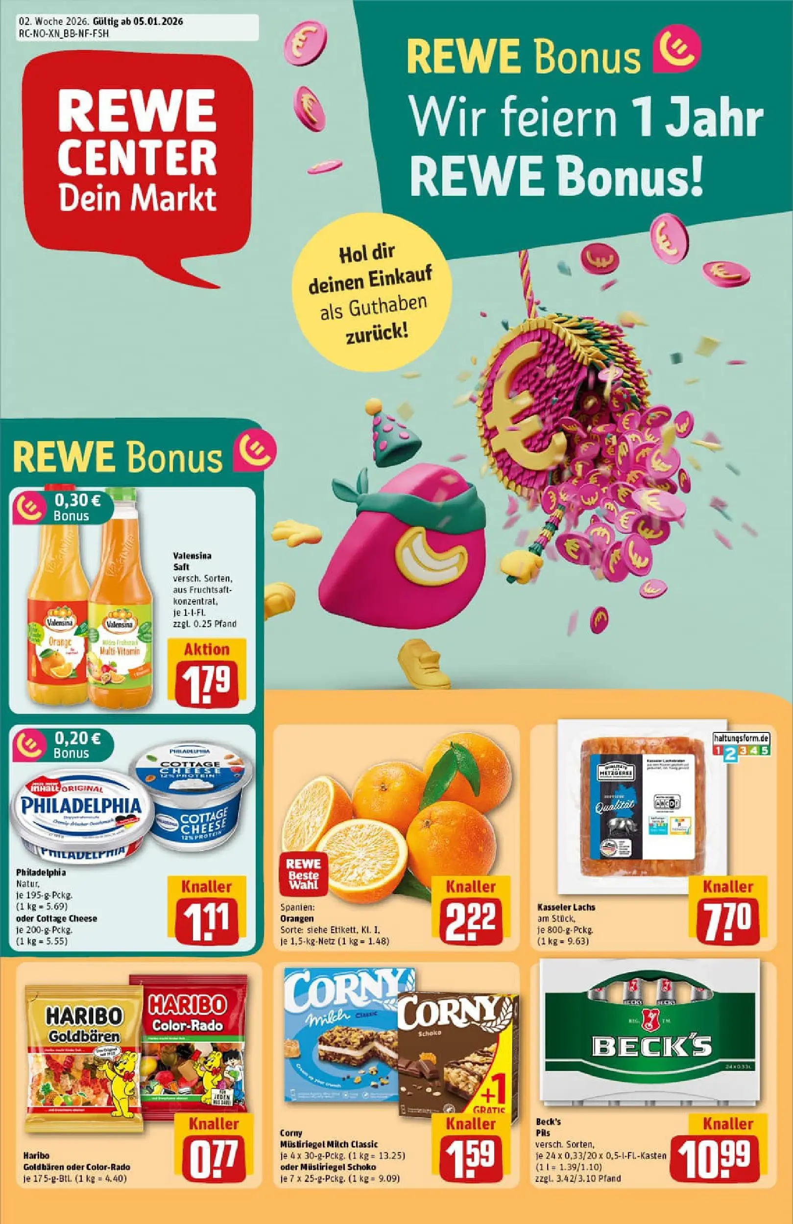 REWE Prospekt ab 04.01.2026 zum Blättern » Angebote | Seite: 1 | Produkte: Haribo, Milch, Orangen, Saft