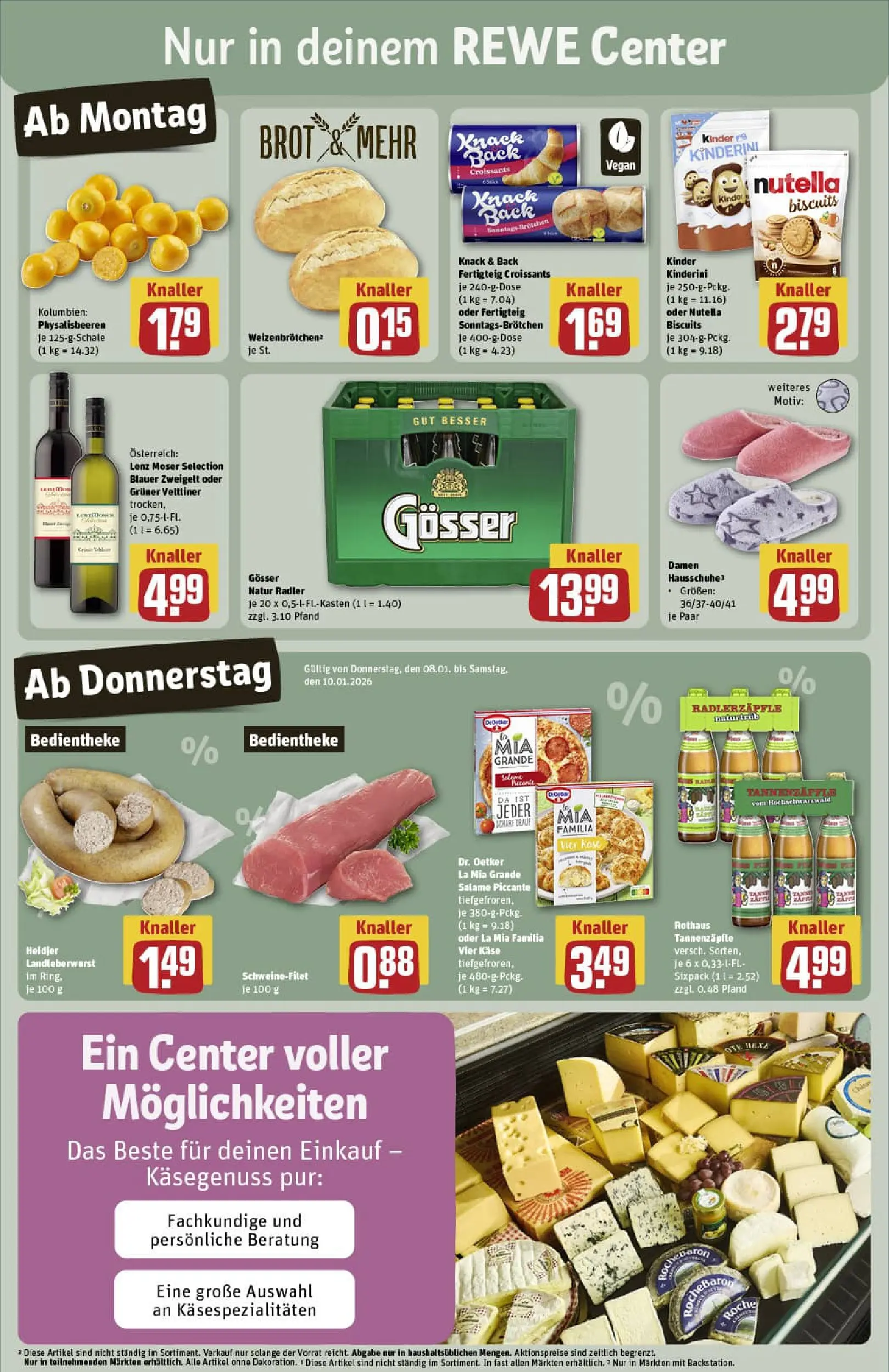 REWE Prospekt ab 04.01.2026 zum Blättern » Angebote | Seite: 3 | Produkte: Käse, Croissant, Schweinefilet, Hausschuhe
