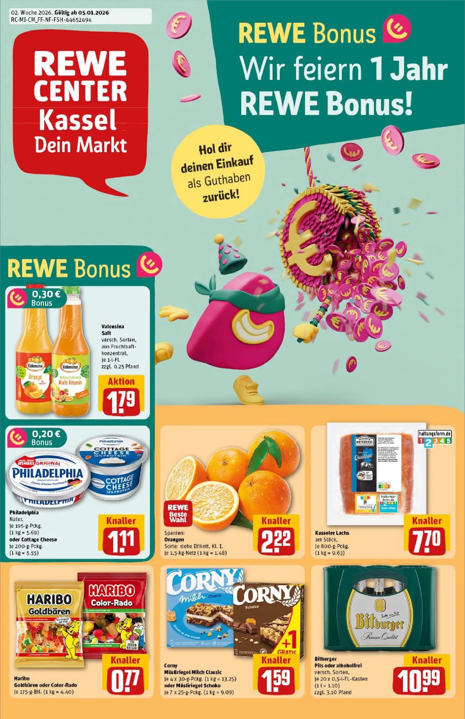 REWE Prospekt ab 04.01.2026 zum Blättern » Angebote | Seite: 1 | Produkte: Bitburger, Haribo, Philadelphia, Pils