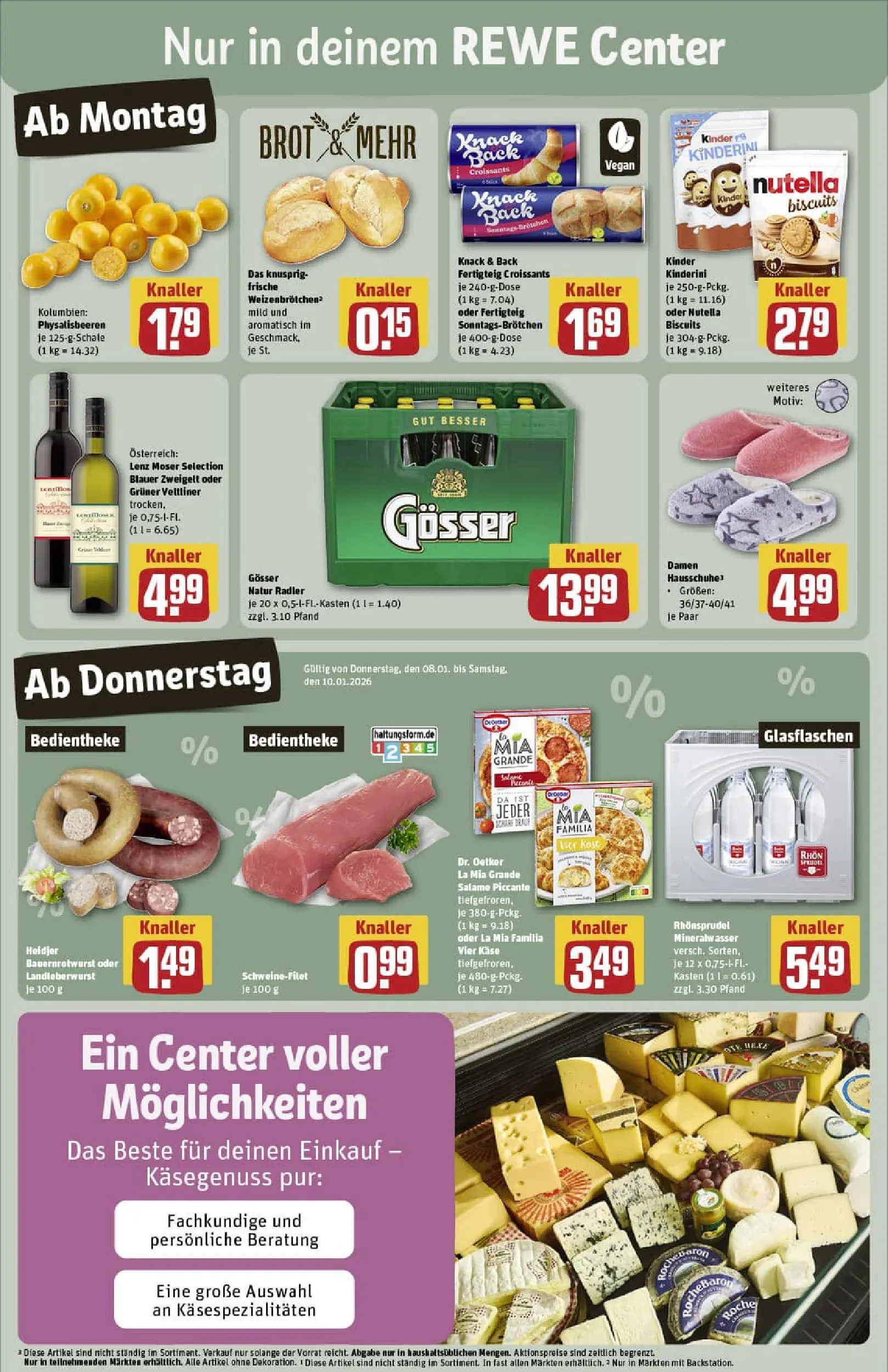 REWE Prospekt ab 04.01.2026 zum Blättern » Angebote | Seite: 3 | Produkte: Käse, Nutella, Hausschuhe, Rhonsprudel