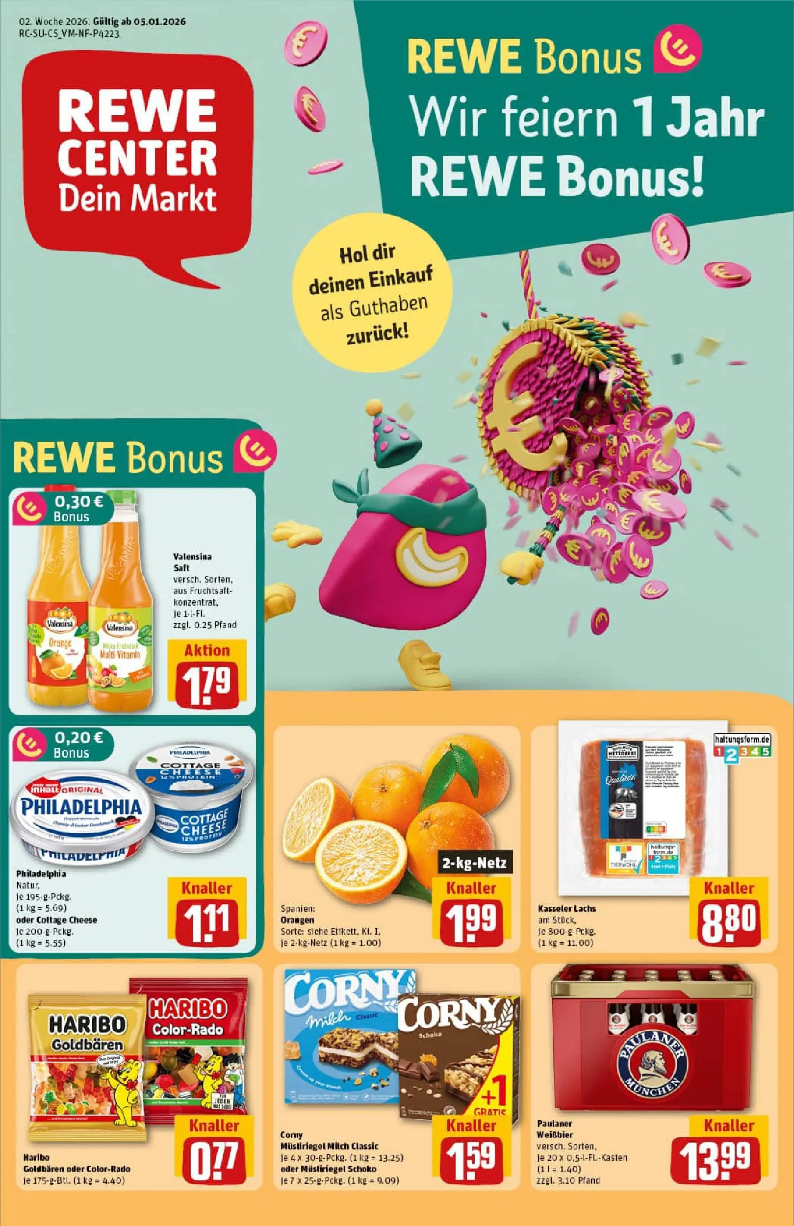 REWE Prospekt ab 04.01.2026 zum Blättern » Angebote | Seite: 1 | Produkte: Orangen, Valensina, Saft, Paulaner