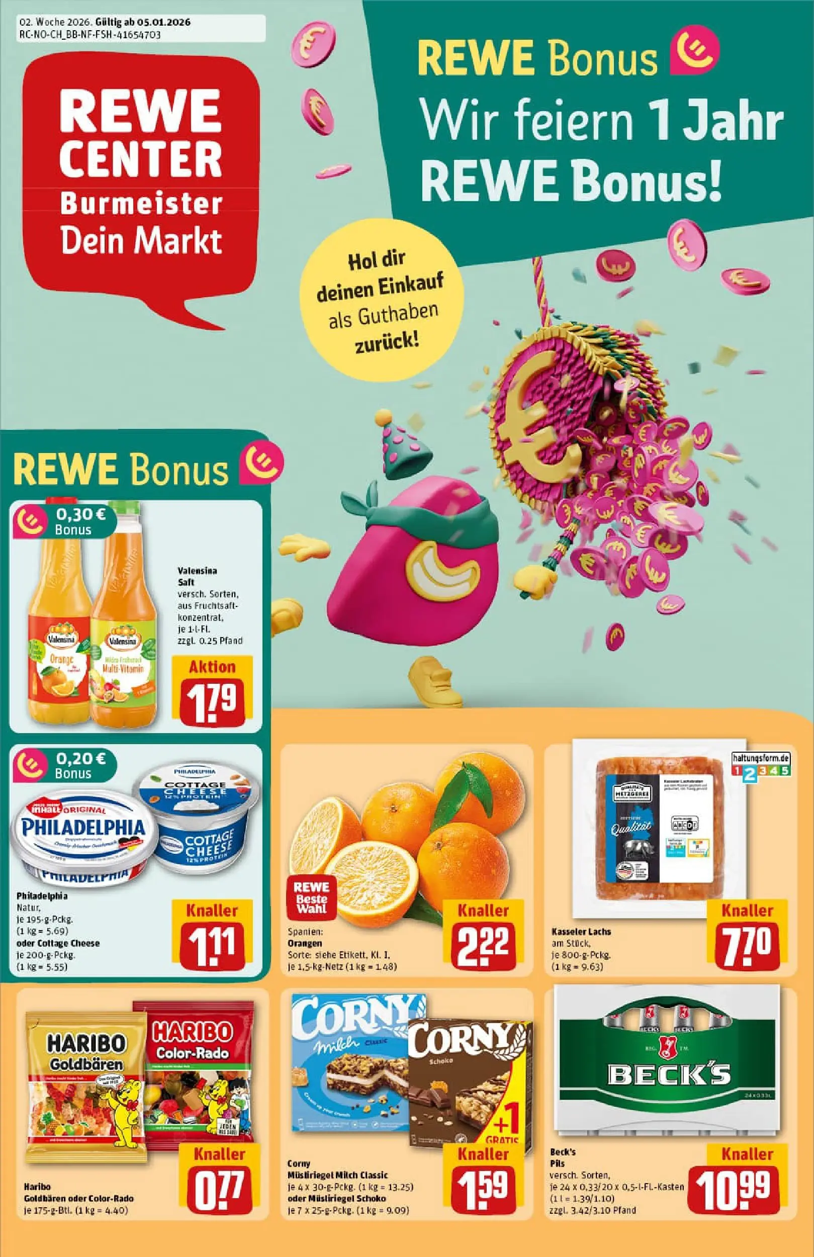 REWE Prospekt ab 04.01.2026 zum Blättern » Angebote | Seite: 1 | Produkte: Pils, Valensina, Lachs, Fruchtsaft