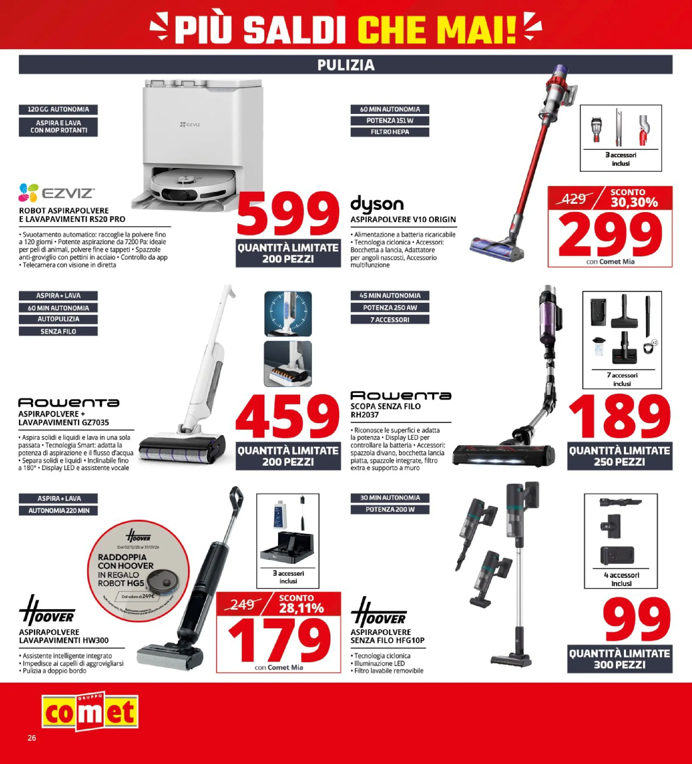 Nuovo Volantino Comet	 dal 02/01/2026 > offerte anteprima 🛍️ | Pagina: 26 | Prodotti: Spazzola, Scopa, Aspirapolvere, Batteria