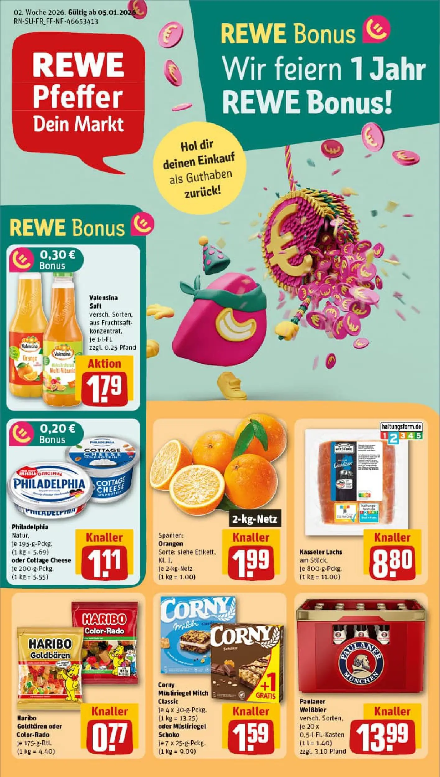 REWE Prospekt ab 04.01.2026 zum Blättern » Angebote | Seite: 1 | Produkte: Orangen, Pfeffer, Fruchtsaft, Paulaner