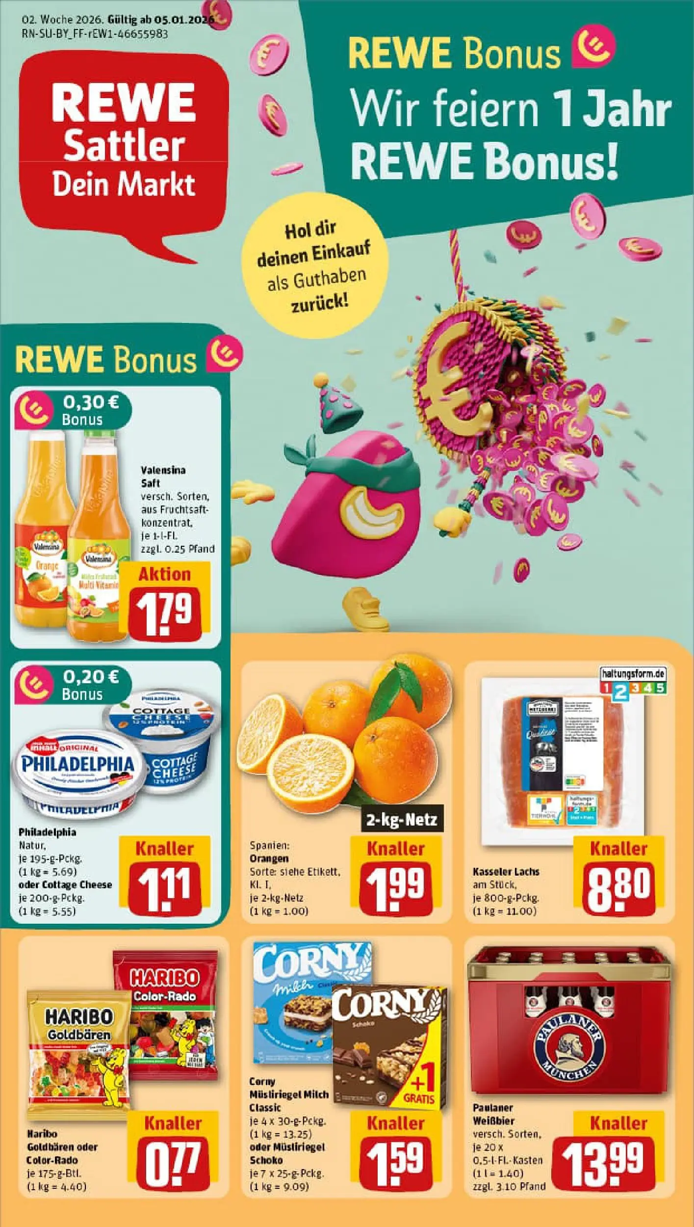 REWE Prospekt ab 04.01.2026 zum Blättern » Angebote | Seite: 1 | Produkte: Haribo, Philadelphia, Lachs, Saft