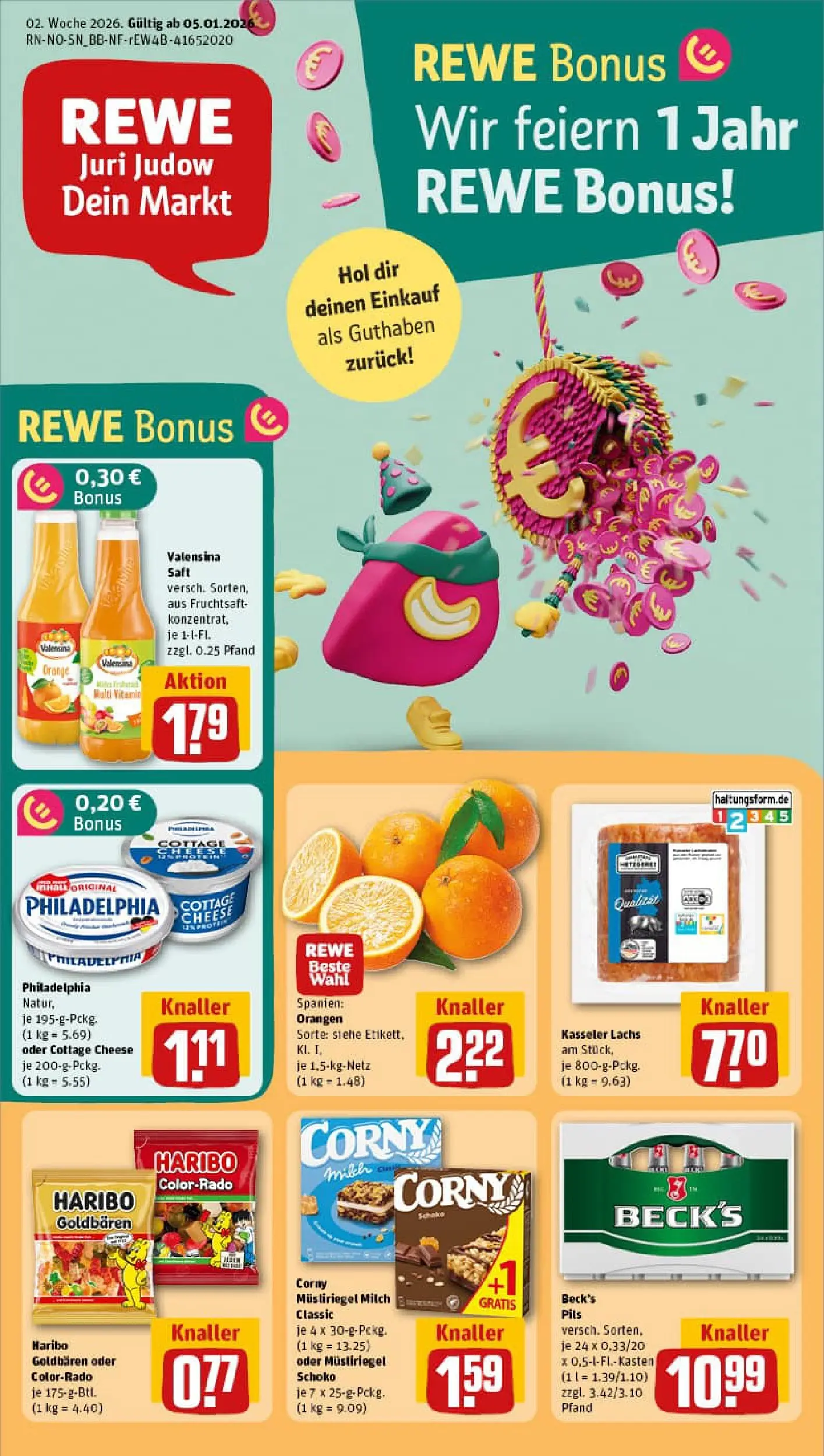 REWE Prospekt ab 04.01.2026 zum Blättern » Angebote | Seite: 1 | Produkte: Orangen, Lachs, Saft, Fruchtsaft