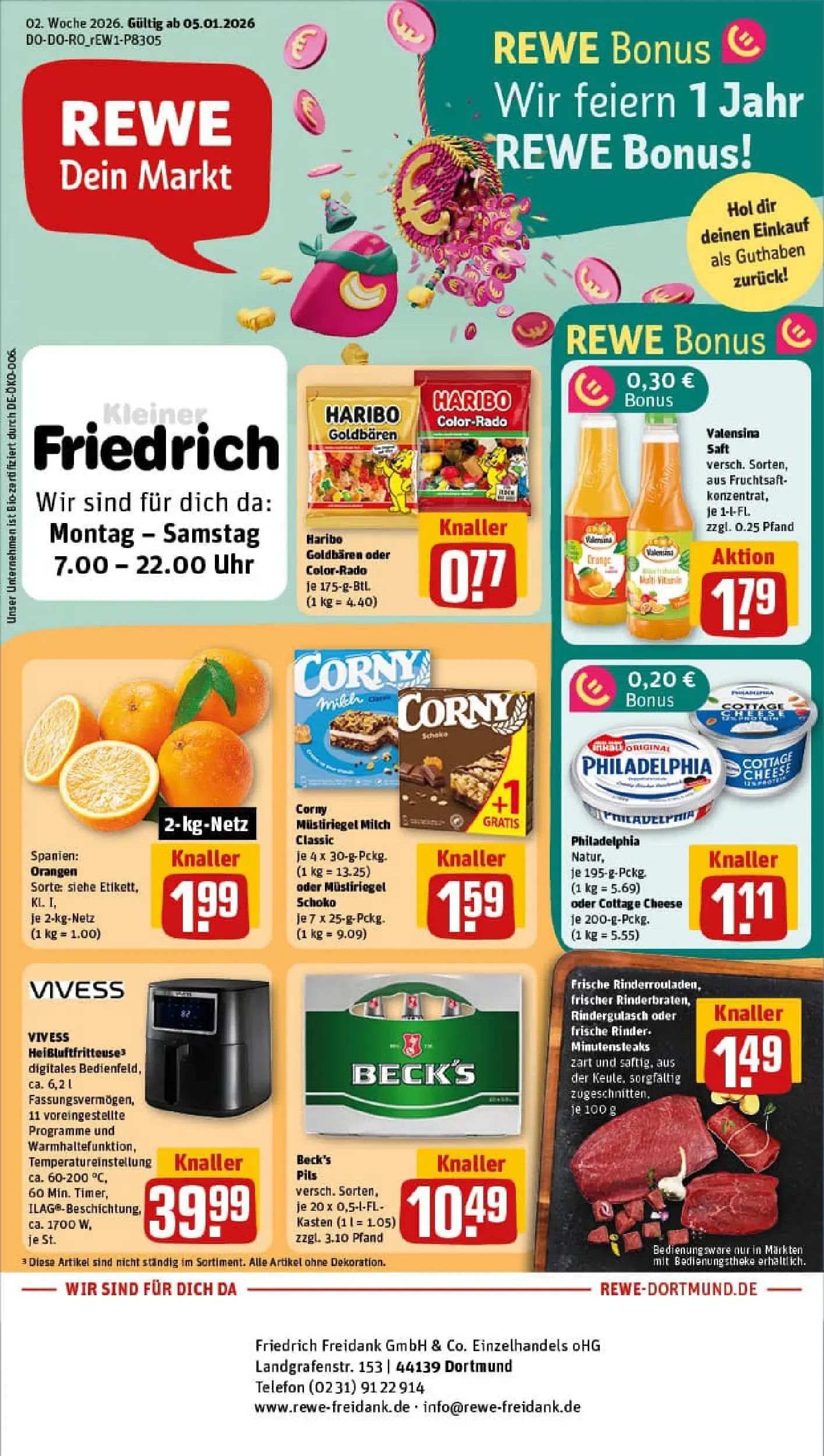 REWE Prospekt ab 05.01.2026 zum Blättern » Angebote | Seite: 1 | Produkte: Rindergulasch, Philadelphia, Saft, Heißluftfritteuse