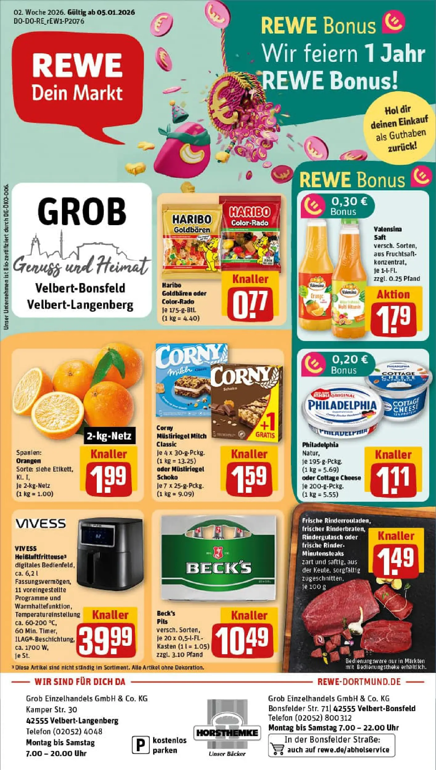 REWE Prospekt ab 04.01.2026 zum Blättern » Angebote | Seite: 1 | Produkte: Haribo, Pils, Orangen, Valensina