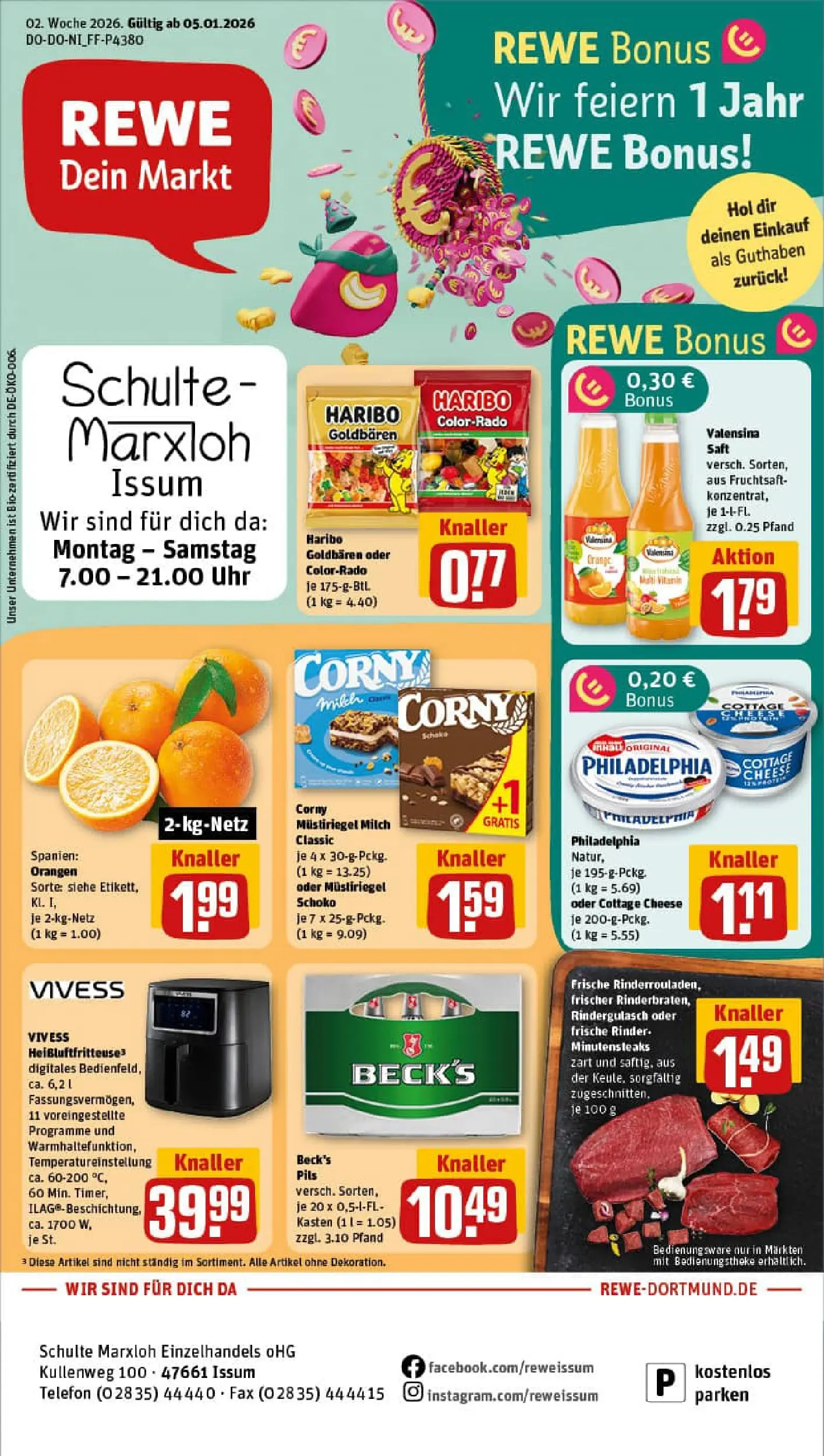 REWE Prospekt ab 04.01.2026 zum Blättern » Angebote | Seite: 1 | Produkte: Rindergulasch, Milch, Philadelphia, Uhr