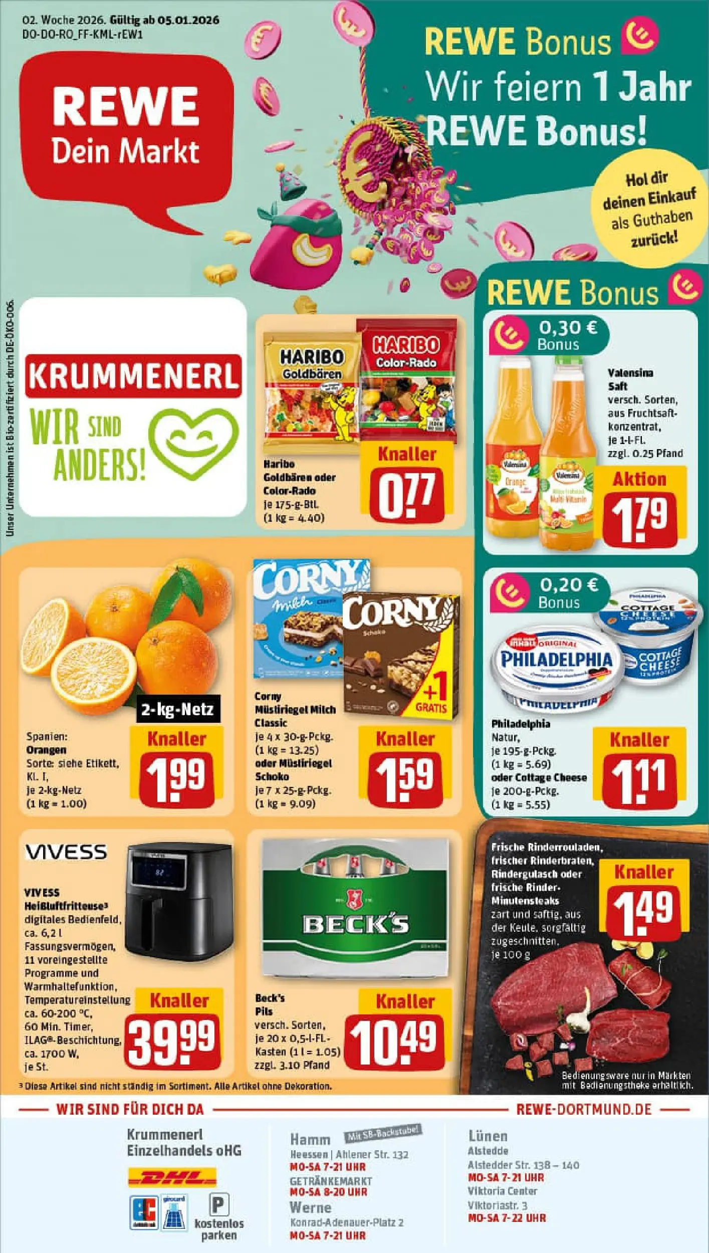REWE Prospekt ab 04.01.2026 zum Blättern » Angebote | Seite: 1 | Produkte: Rinderrouladen, Rindergulasch, Haribo, Philadelphia