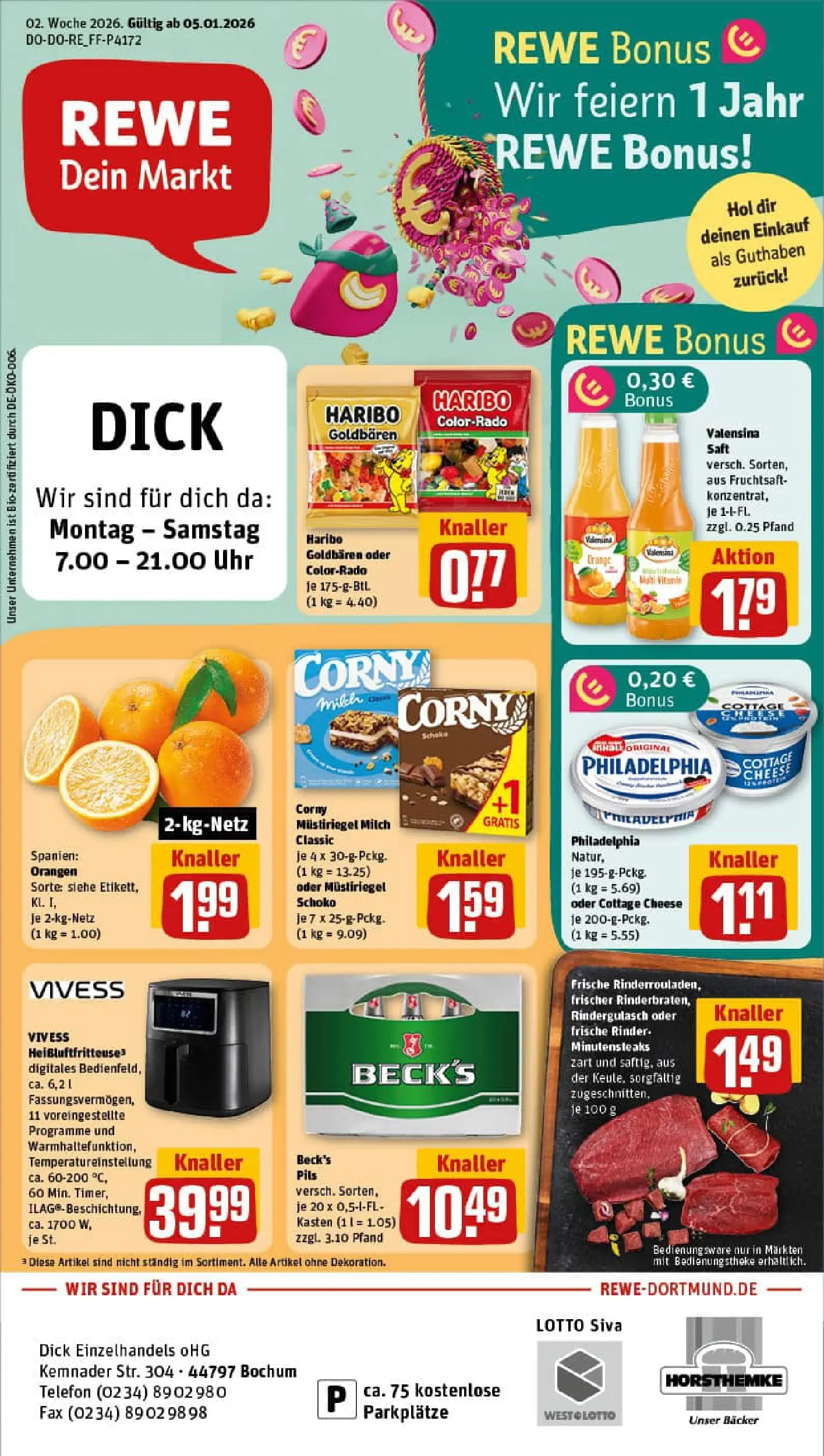 REWE Prospekt ab 04.01.2026 zum Blättern » Angebote | Seite: 1 | Produkte: Haribo, Milch, Pils, Orangen
