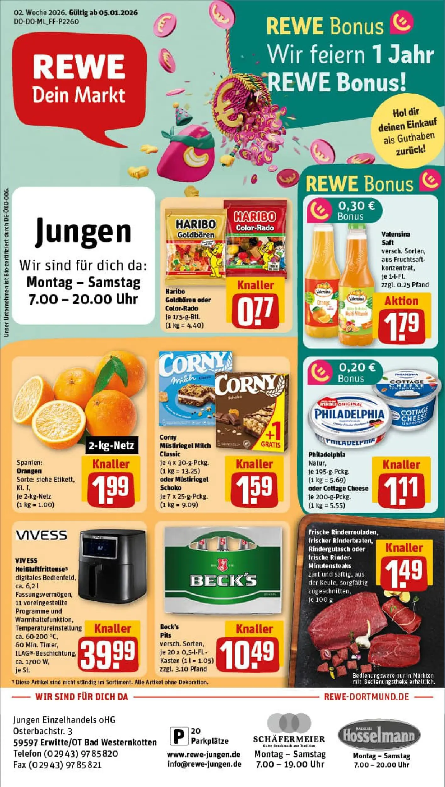 REWE Prospekt ab 04.01.2026 zum Blättern » Angebote | Seite: 1 | Produkte: Philadelphia, Orangen, Saft, Fruchtsaft