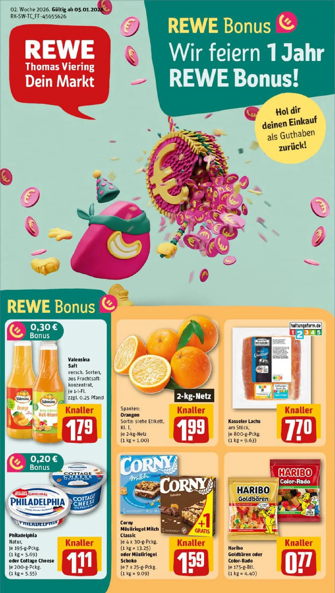 REWE Prospekt ab 04.01.2026 zum Blättern » Angebote | Seite: 1 | Produkte: Haribo, Orangen, Valensina, Lachs