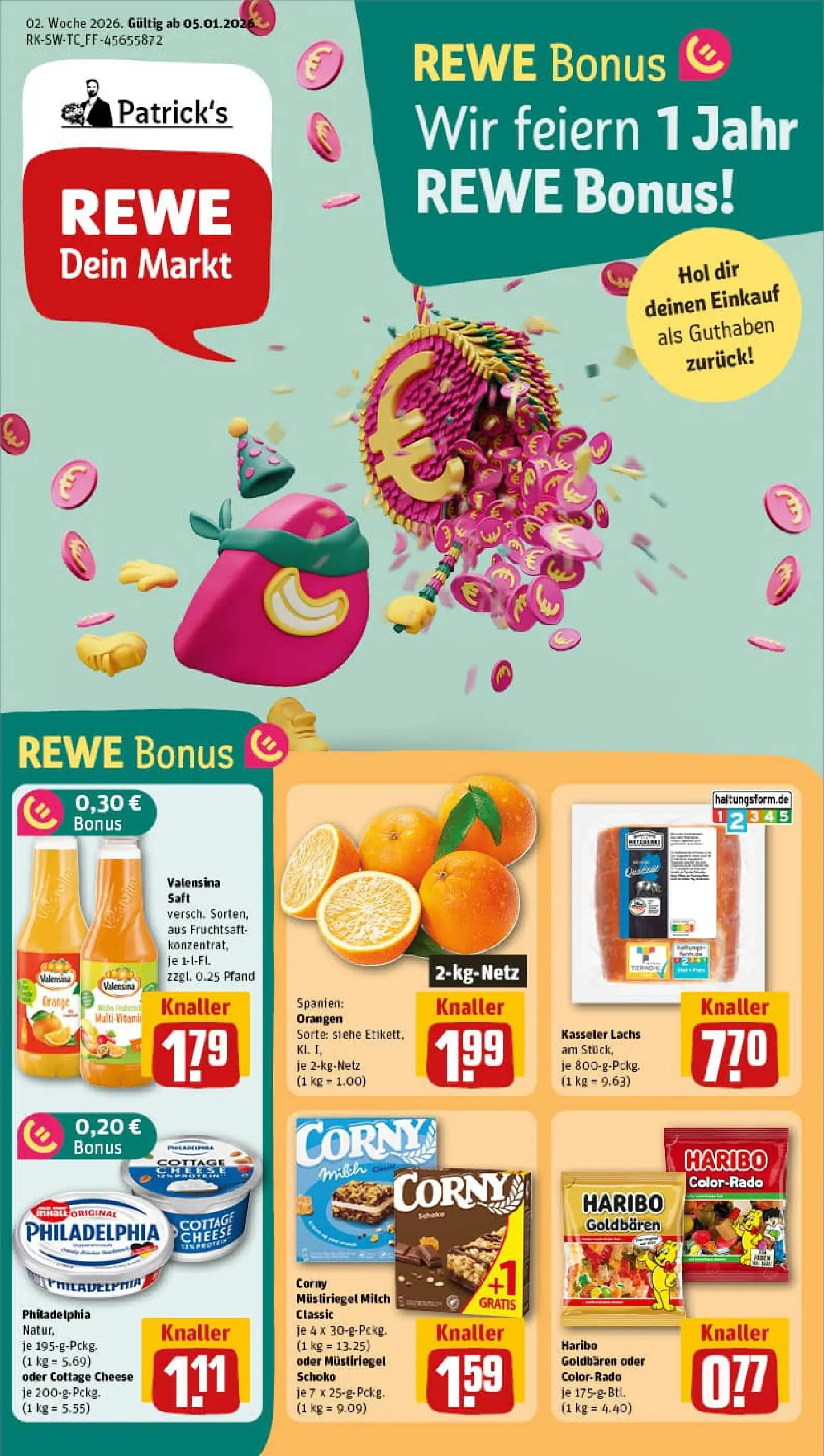 REWE Prospekt ab 04.01.2026 zum Blättern » Angebote | Seite: 1 | Produkte: Haribo, Valensina, Saft, Fruchtsaft