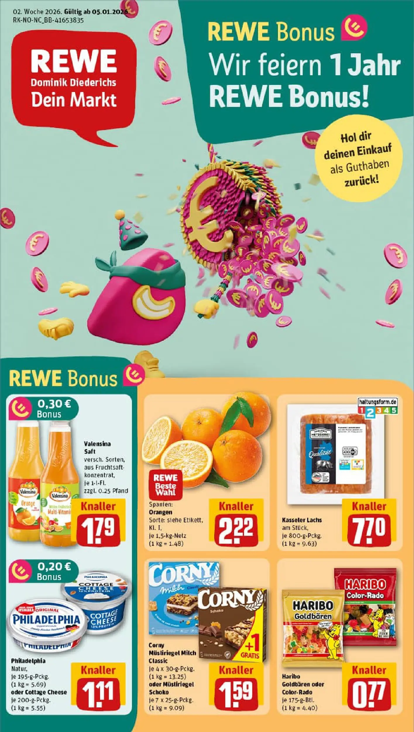 REWE Prospekt ab 04.01.2026 zum Blättern » Angebote | Seite: 1 | Produkte: Haribo, Milch, Orangen, Lachs