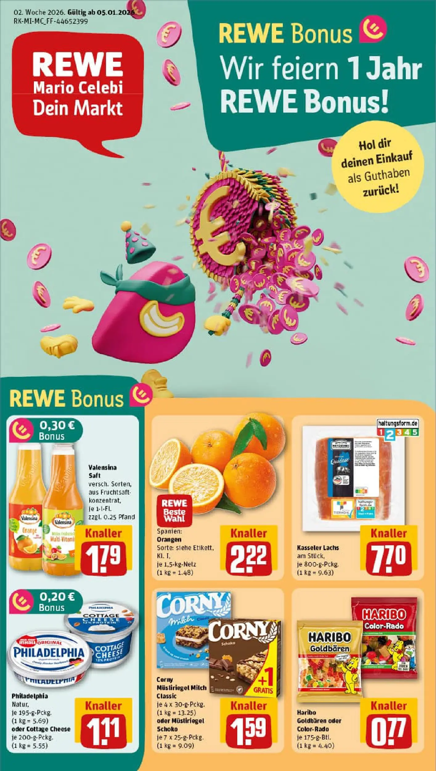 REWE Prospekt ab 04.01.2026 zum Blättern » Angebote | Seite: 1 | Produkte: Haribo, Philadelphia, Orangen, Lachs