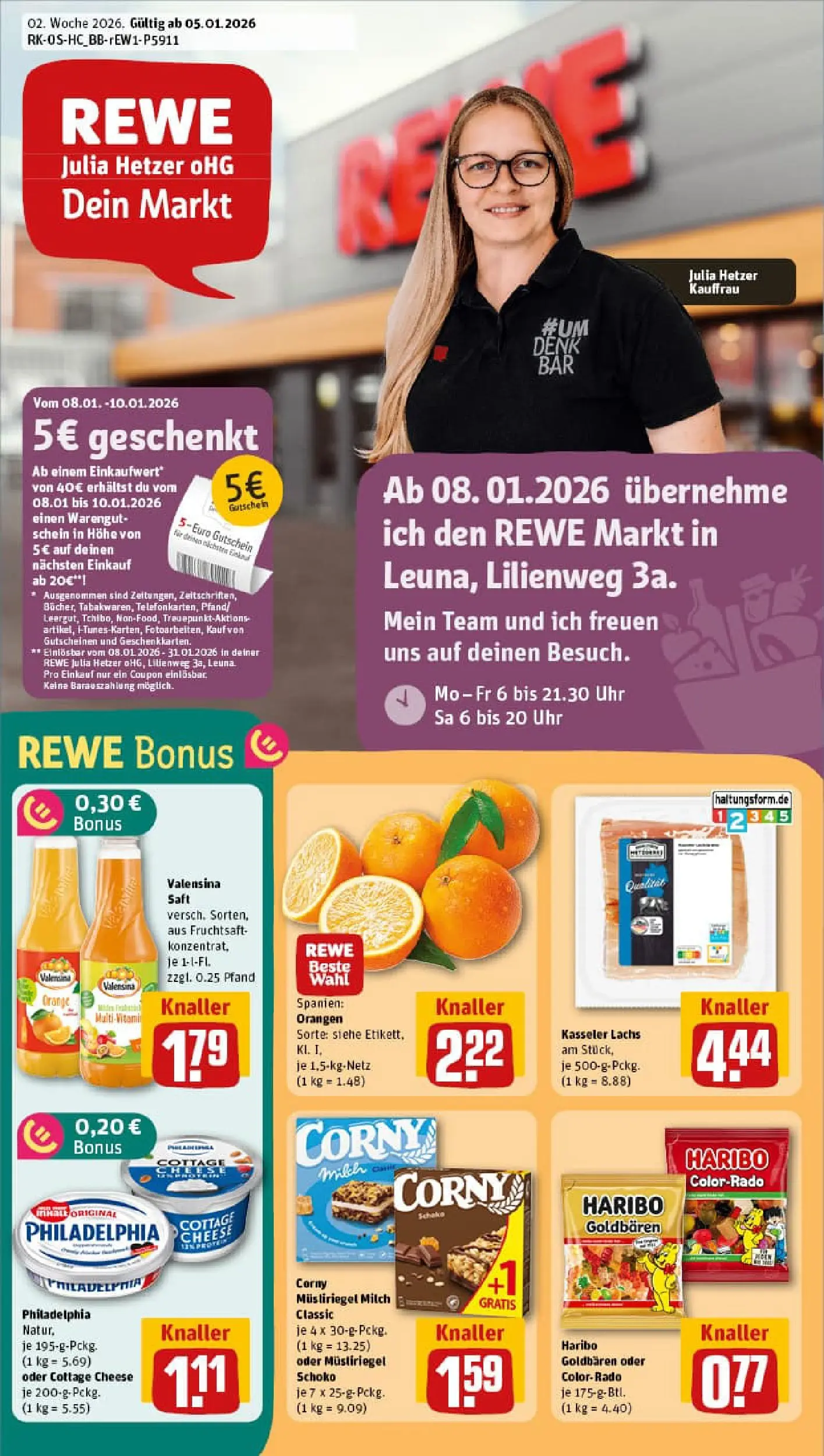 REWE Prospekt ab 04.01.2026 zum Blättern » Angebote | Seite: 1 | Produkte: Haribo, Milch, Philadelphia, Lachs