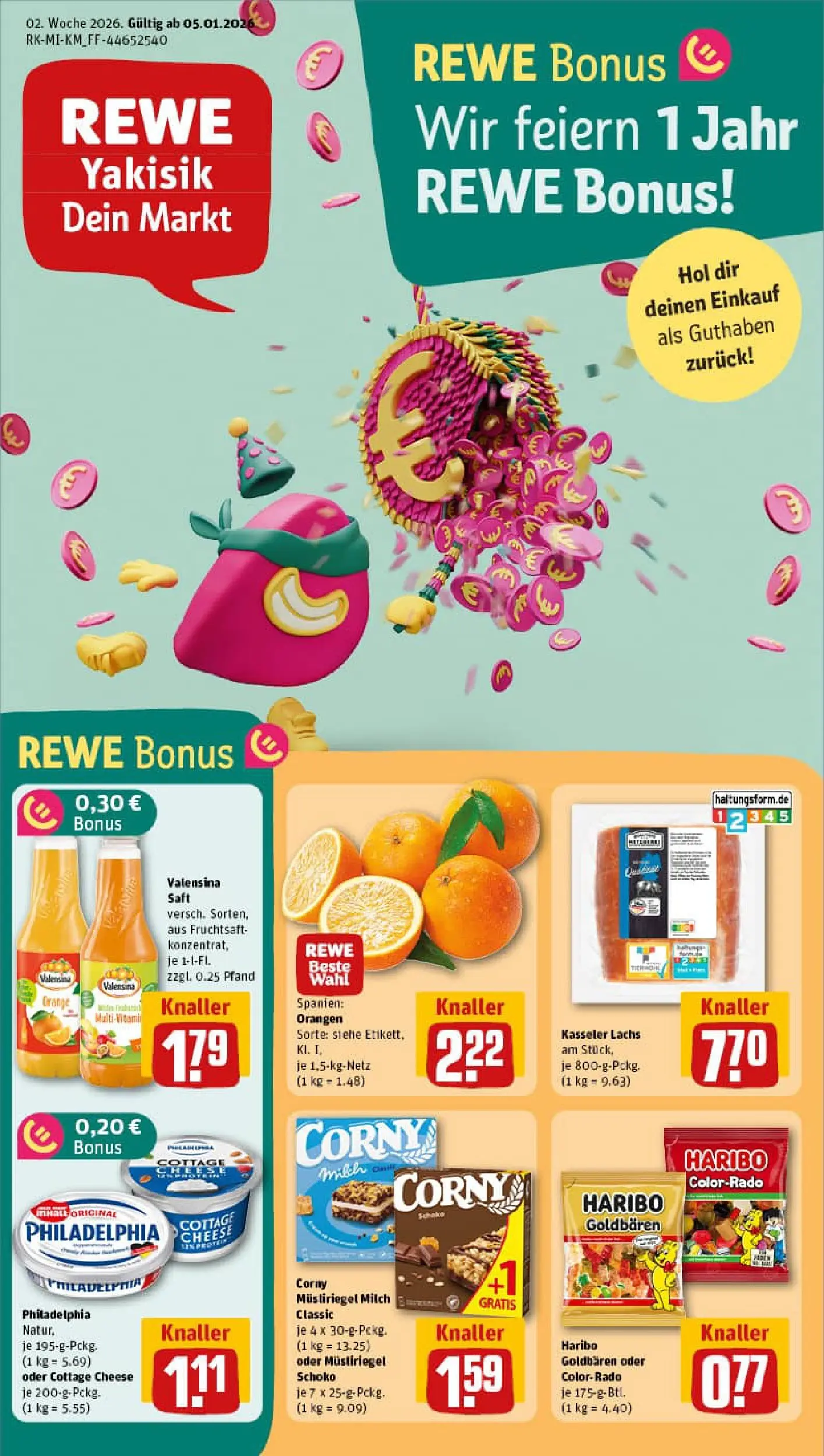 REWE Prospekt ab 04.01.2026 zum Blättern » Angebote | Seite: 1 | Produkte: Haribo, Orangen, Valensina, Lachs