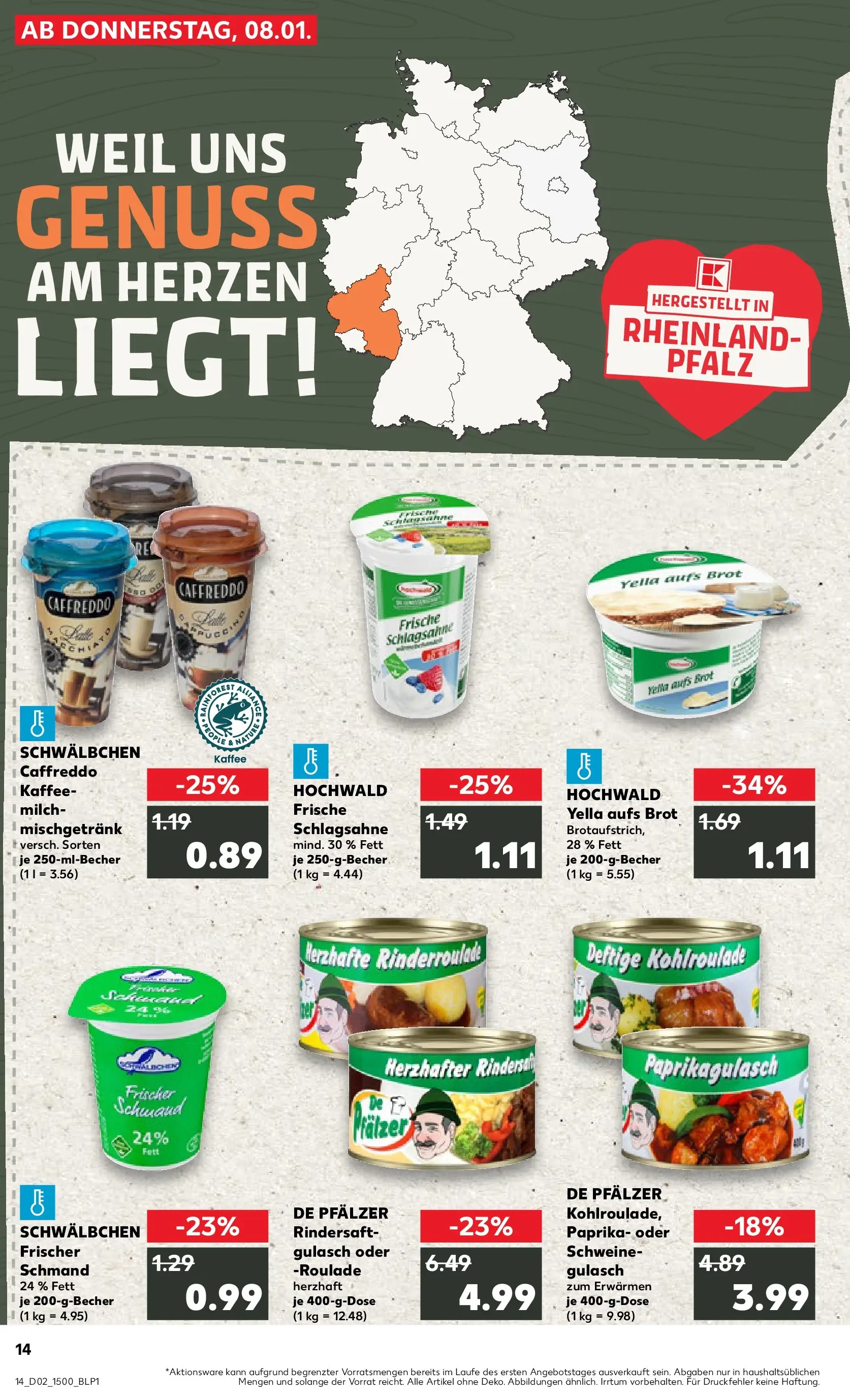 Prospekt Kaufland ab 08.01.2026 » Angebote Online zum Blättern | Seite: 14 | Produkte: Schlagsahne, Kaffee, Paprika, Gulasch