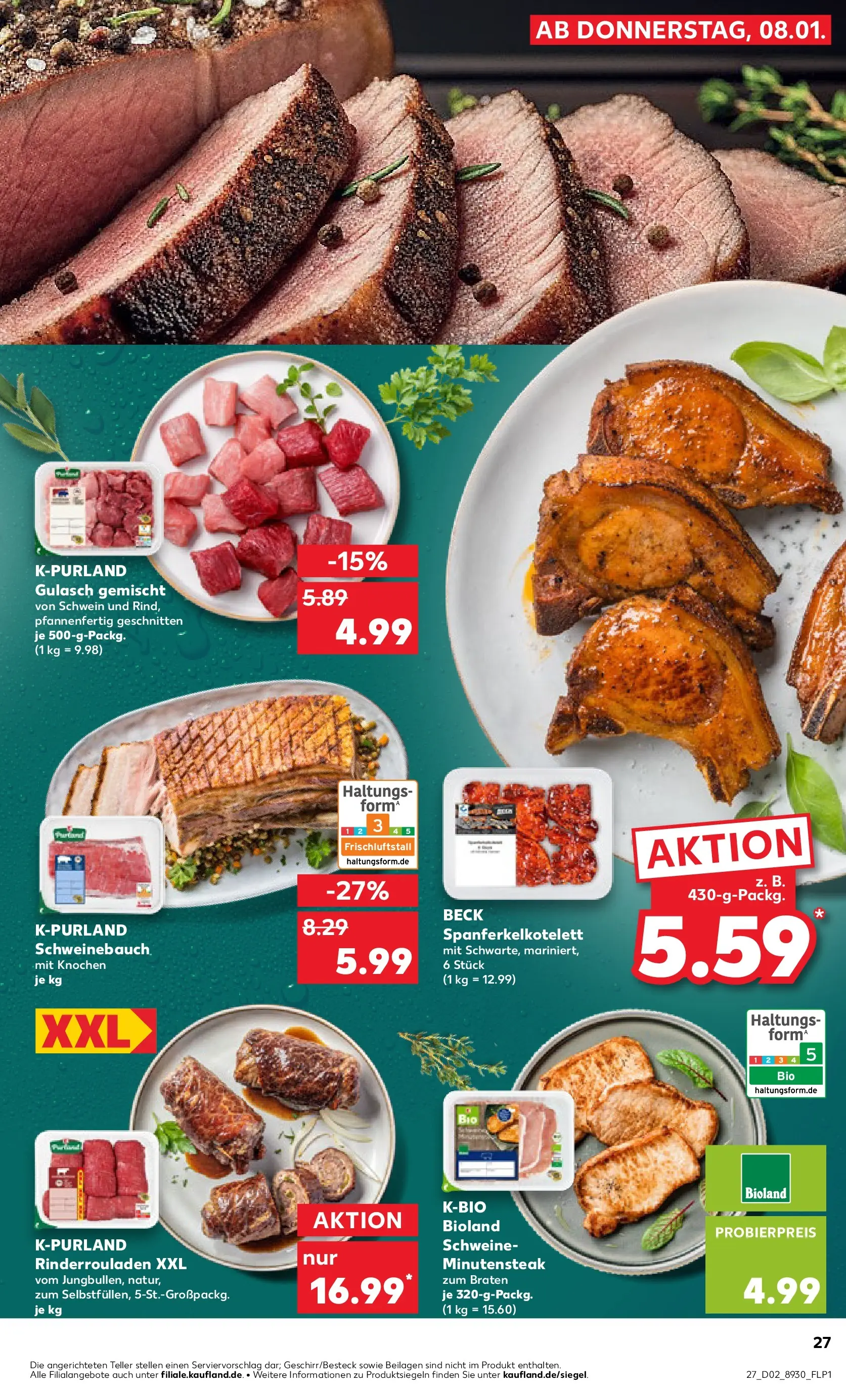 Prospekt Kaufland ab 08.01.2026 » Angebote und Werbung Online | Seite: 27 | Produkte: Rinderrouladen, Schweinebauch, Gulasch Prospekt Kaufland ab 08.01.2026 » Angebote Online zum Blättern | Seite: 27 | Produkte: Rinderrouladen, Schweinebauch, Gulasch