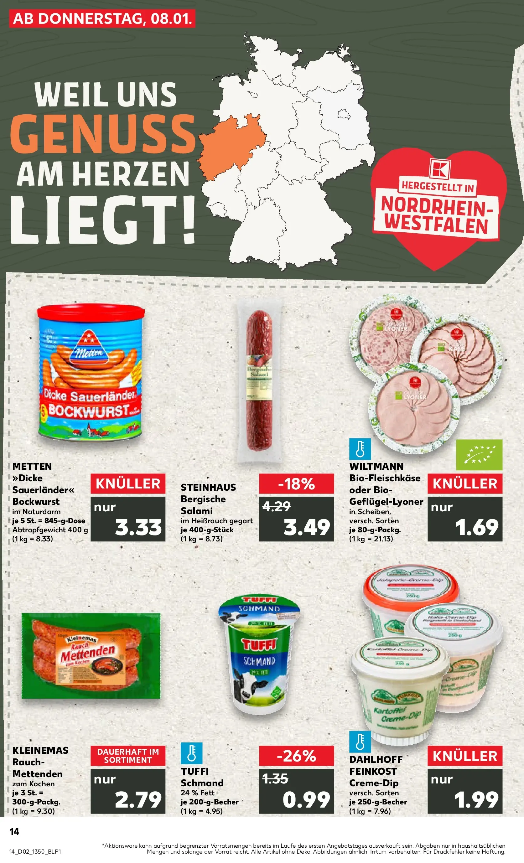 Prospekt Kaufland ab 08.01.2026 » Angebote und Werbung Online | Seite: 14 | Produkte: Bockwurst, Dicke sauerlander bockwurst, Salami Prospekt Kaufland ab 08.01.2026 » Angebote Online zum Blättern | Seite: 14 | Produkte: Bockwurst, Dicke sauerlander bockwurst, Salami