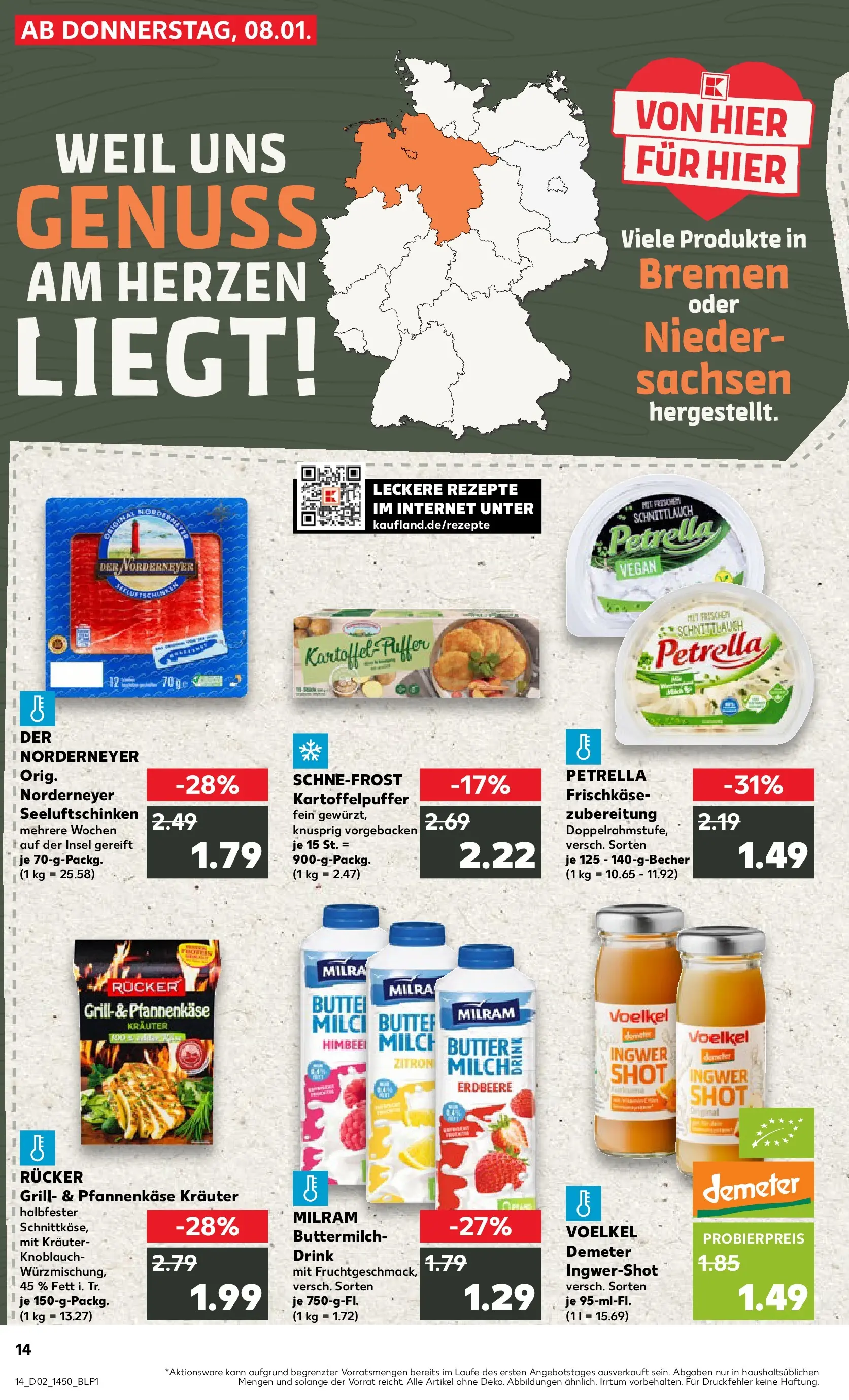Prospekt Kaufland ab 08.01.2026 » Angebote Online zum Blättern | Seite: 14 | Produkte: Buttermilch, Butter, Milram, Frischkase