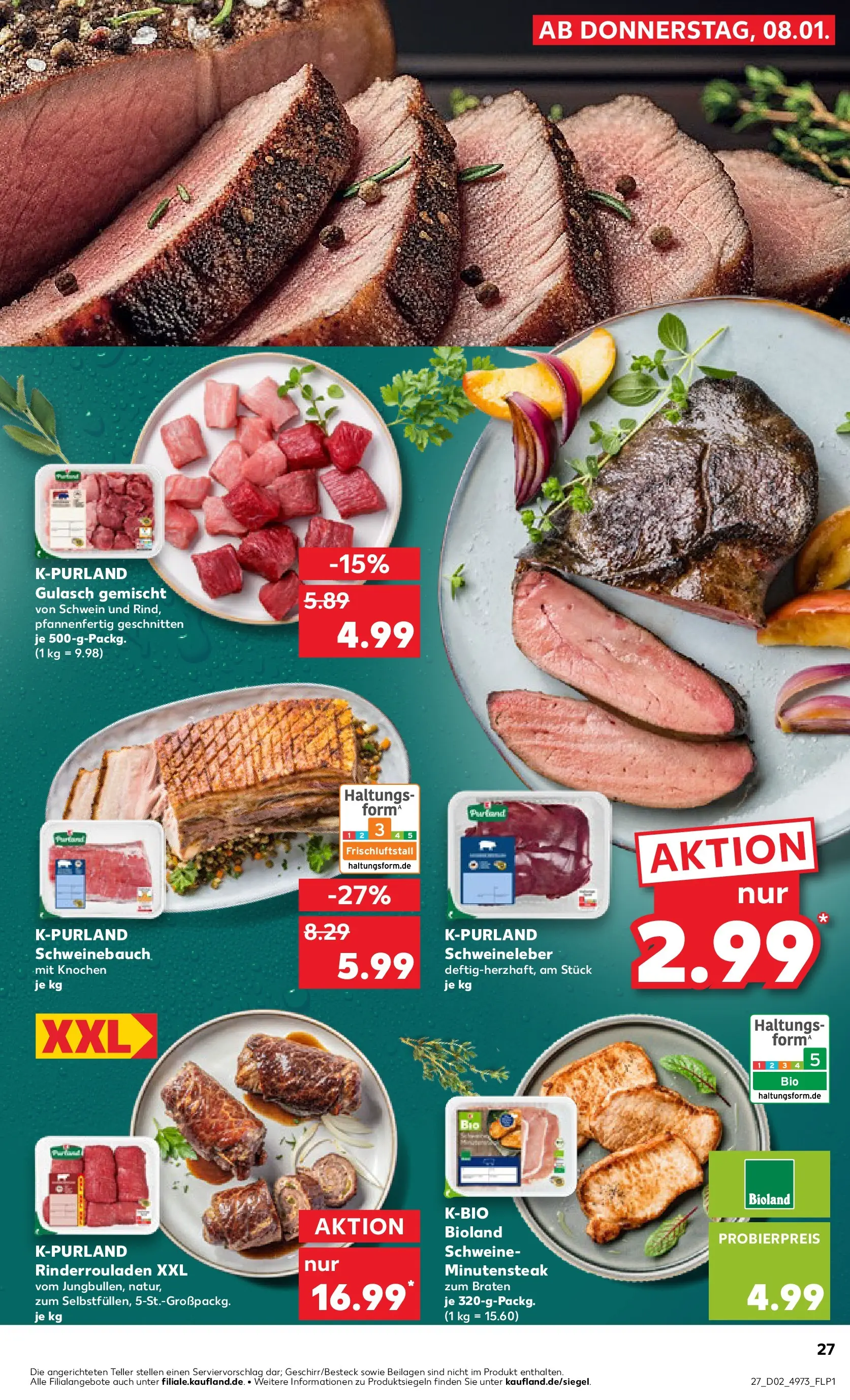 Prospekt Kaufland ab 08.01.2026 » Angebote und Werbung Online | Seite: 27 | Produkte: Rinderrouladen, Schweinebauch, Gulasch, Steak Prospekt Kaufland ab 08.01.2026 » Angebote Online zum Blättern | Seite: 27 | Produkte: Rinderrouladen, Schweinebauch, Gulasch, Steak