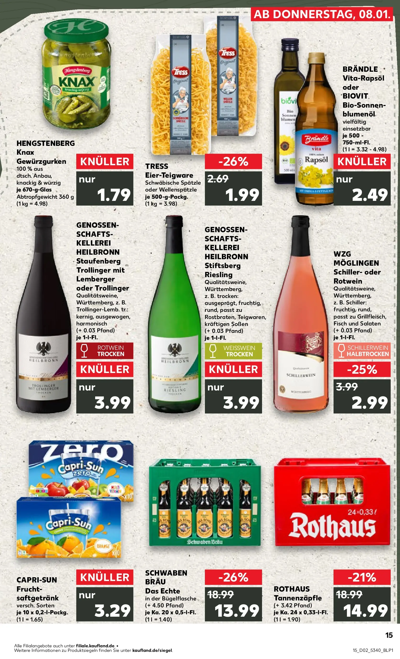 Prospekt Kaufland ab 08.01.2026 » Angebote Online zum Blättern | Seite: 15 | Produkte: Rapsöl, Rotwein, Blumen, Fisch
