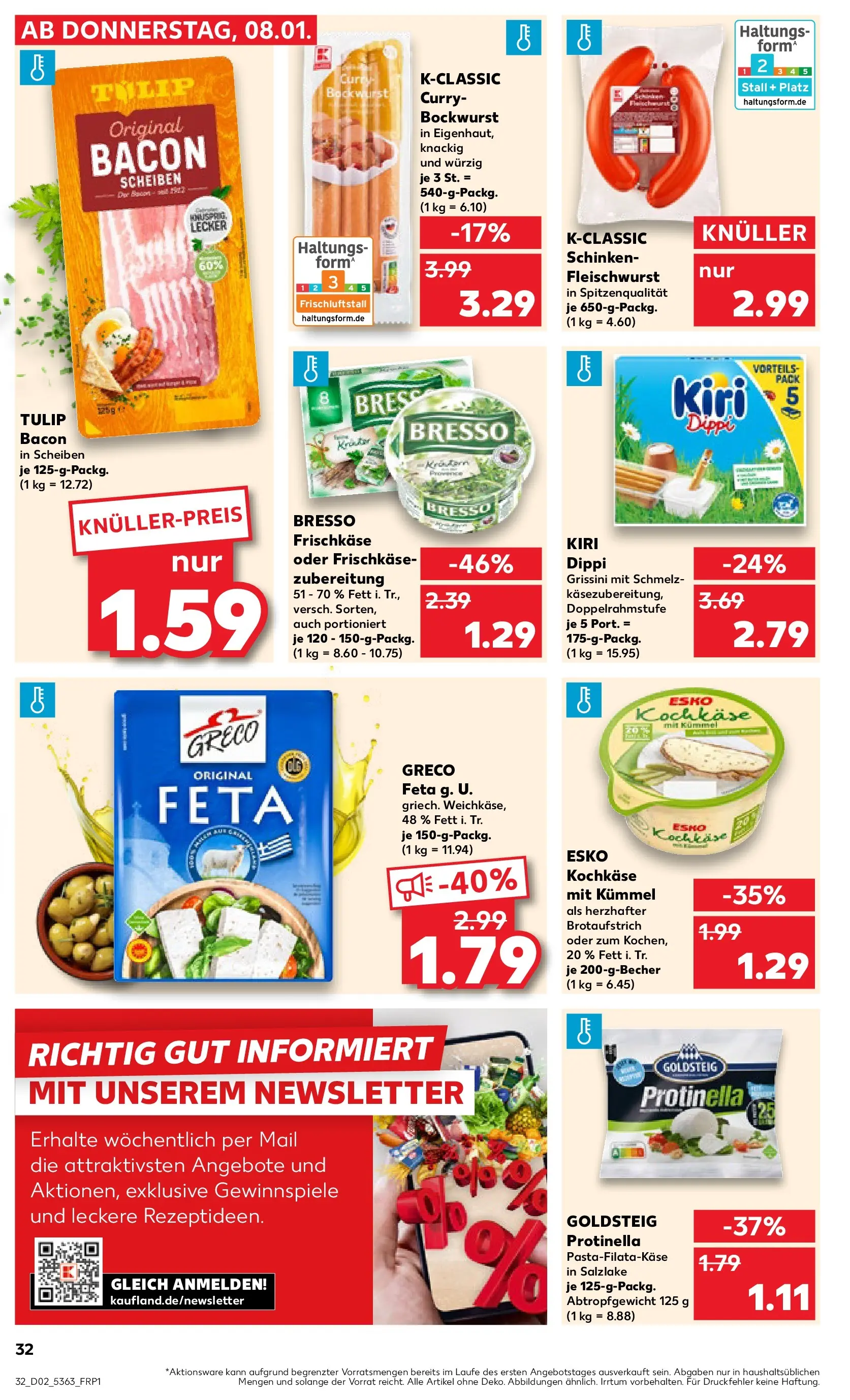 Prospekt Kaufland ab 08.01.2026 » Angebote Online zum Blättern | Seite: 32 | Produkte: Bockwurst, Feta, Pasta, Frischkase