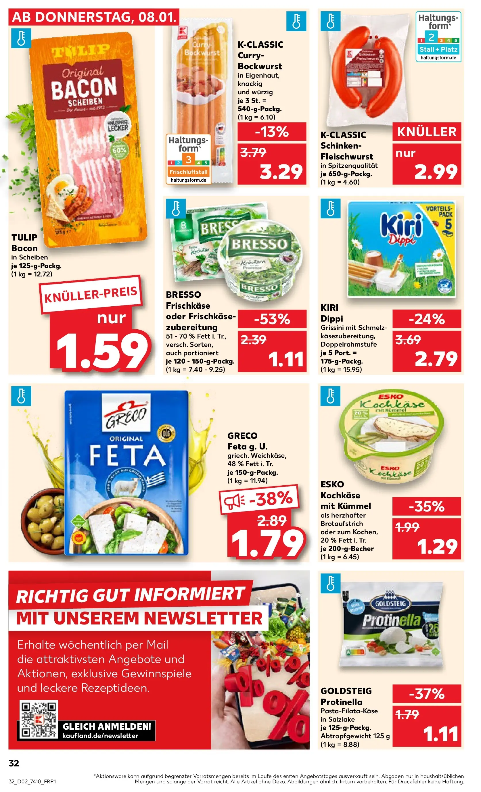 Prospekt Kaufland ab 08.01.2026 » Angebote Online zum Blättern | Seite: 32 | Produkte: Bockwurst, Feta, Bresso, Pasta
