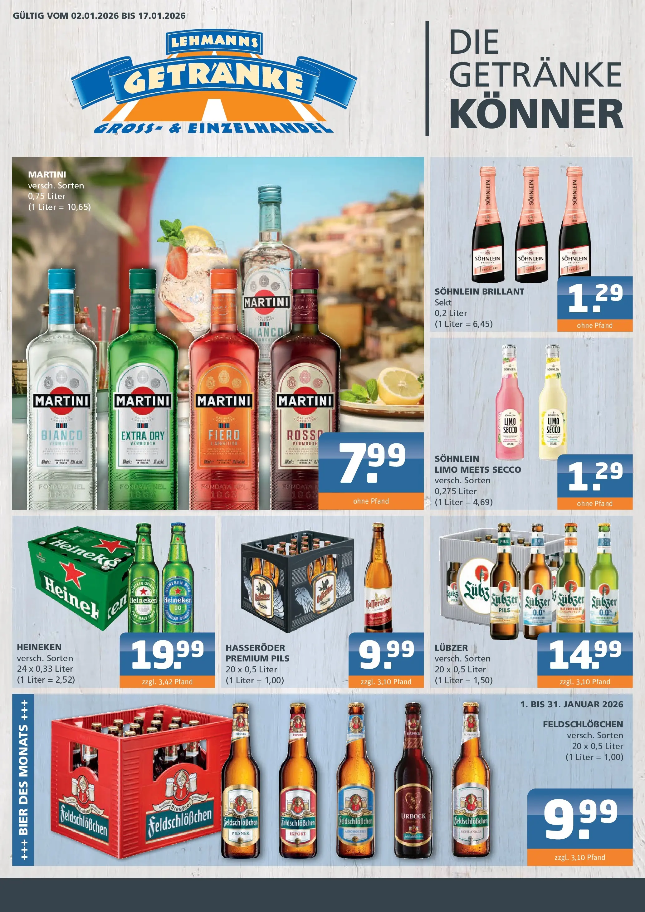 Entdecke - Getränke Lehmann: Getränkeangebote (ab 01.01.2026) zum Blättern | Seite: 1 | Produkte: Martini, Sekt, Heineken, Lubzer