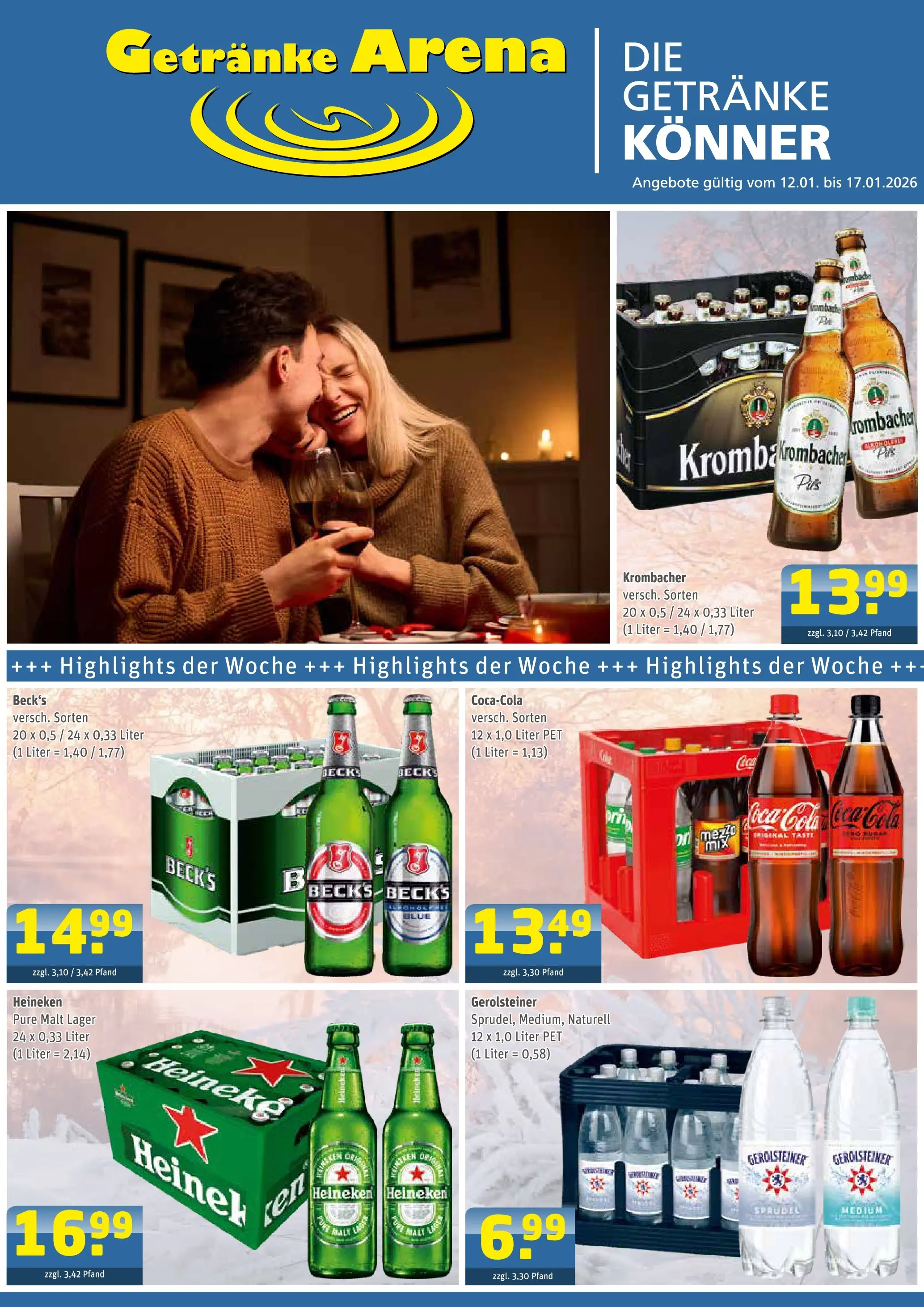 Entdecke - Getränke Arena: Getränkeangebote (ab 11.01.2026) zum Blättern | Seite: 1 | Produkte: Coca cola, Cola, Krombacher, Gerolsteiner