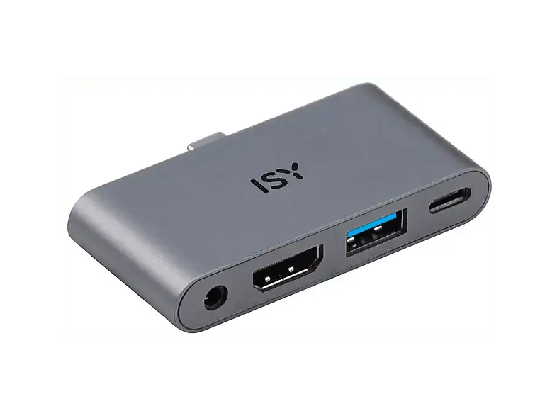 ISY IAD 1019-1 4-in-1 Multiport Adapter, USB-A 3.1, HDMI 2.0 4K60p, PD 3.0 100W, Aluminium, Grau