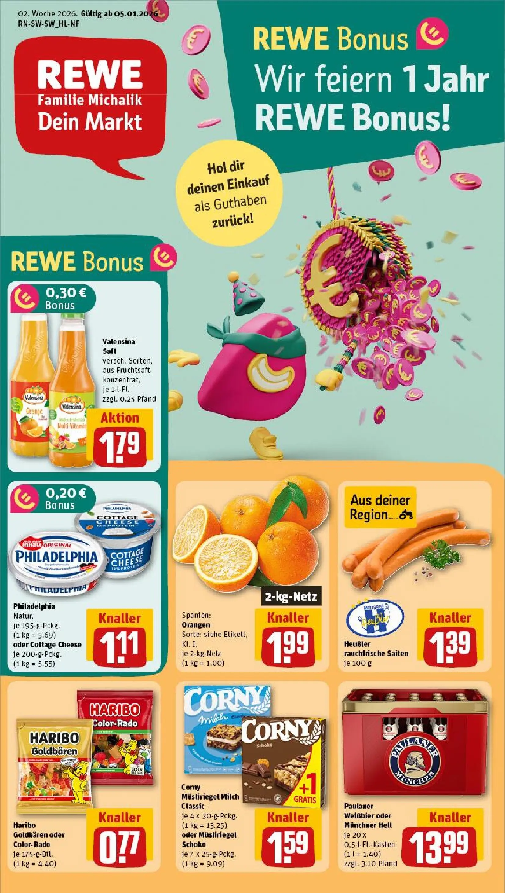 REWE Prospekt ab 04.01.2026 zum Blättern » Angebote | Seite: 1 | Produkte: Milch, Philadelphia, Orangen, Saft