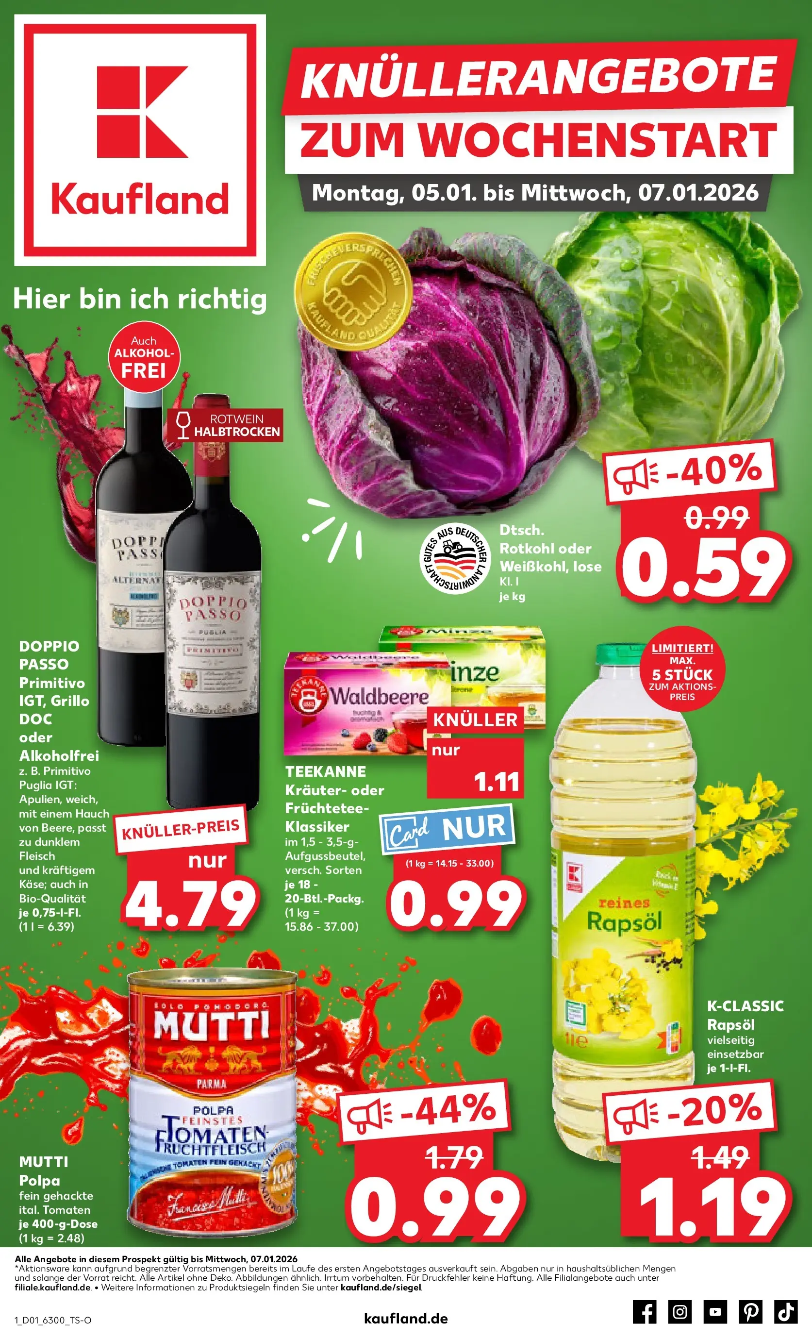 Prospekt Kaufland ab 05.01.2026 » Angebote Online zum Blättern | Seite: 1 | Produkte: Rotkohl, Rapsöl, Tomaten, Doppio Passo