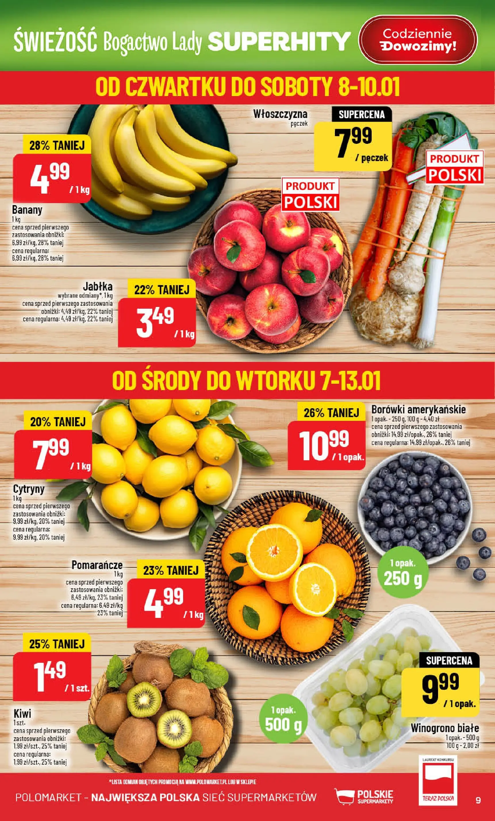 Nowa POLOmarket gazetka od jutra 07.01.2026 (PDF) | Strona: 9 | Produkty: Winogrono, Cytryny, Pomarańcze, Banany