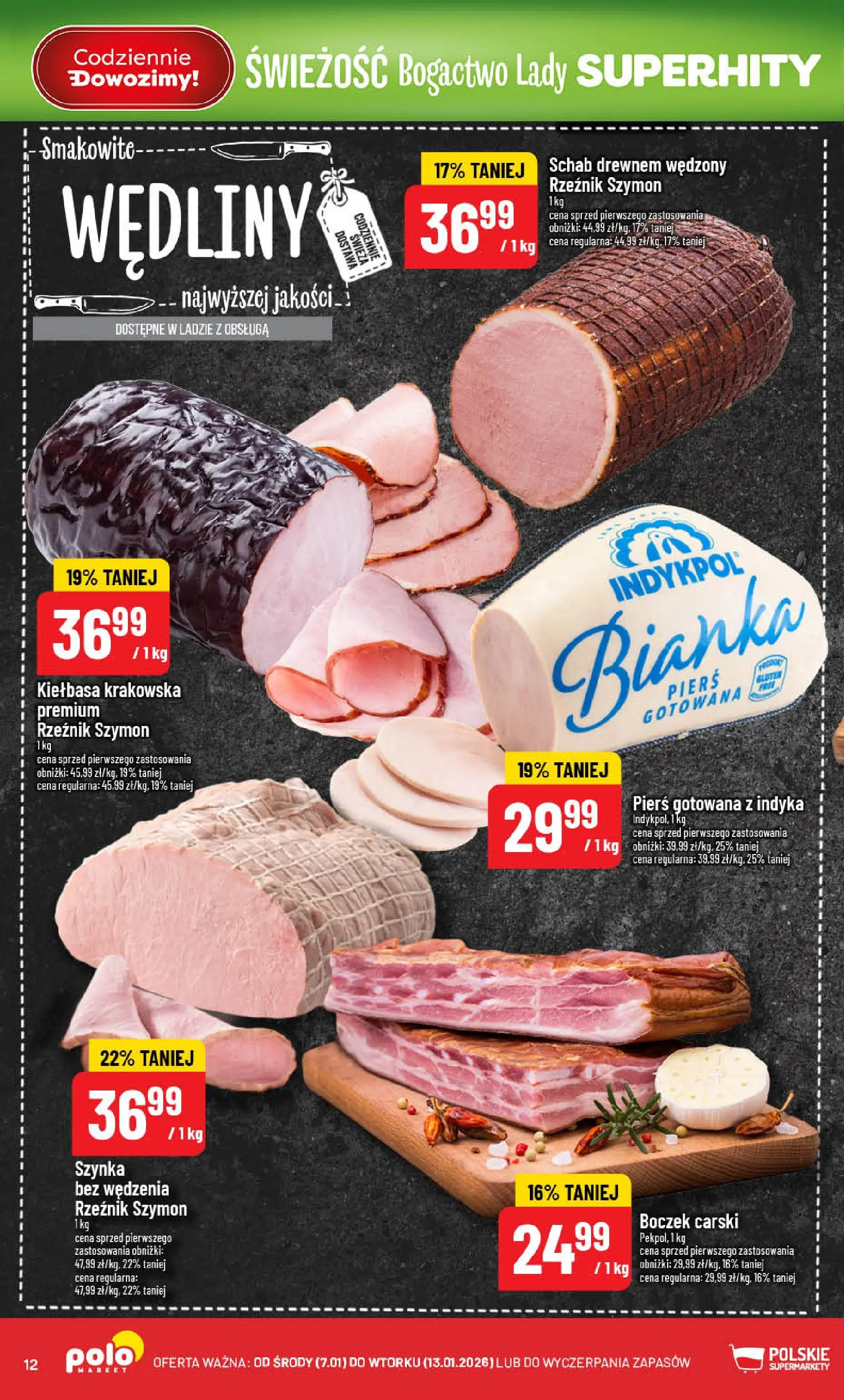 Nowa POLOmarket gazetka od jutra 07.01.2026 (PDF) | Strona: 12 | Produkty: Kiełbasa, Schab, Szynka, Kiełbasa krakowska