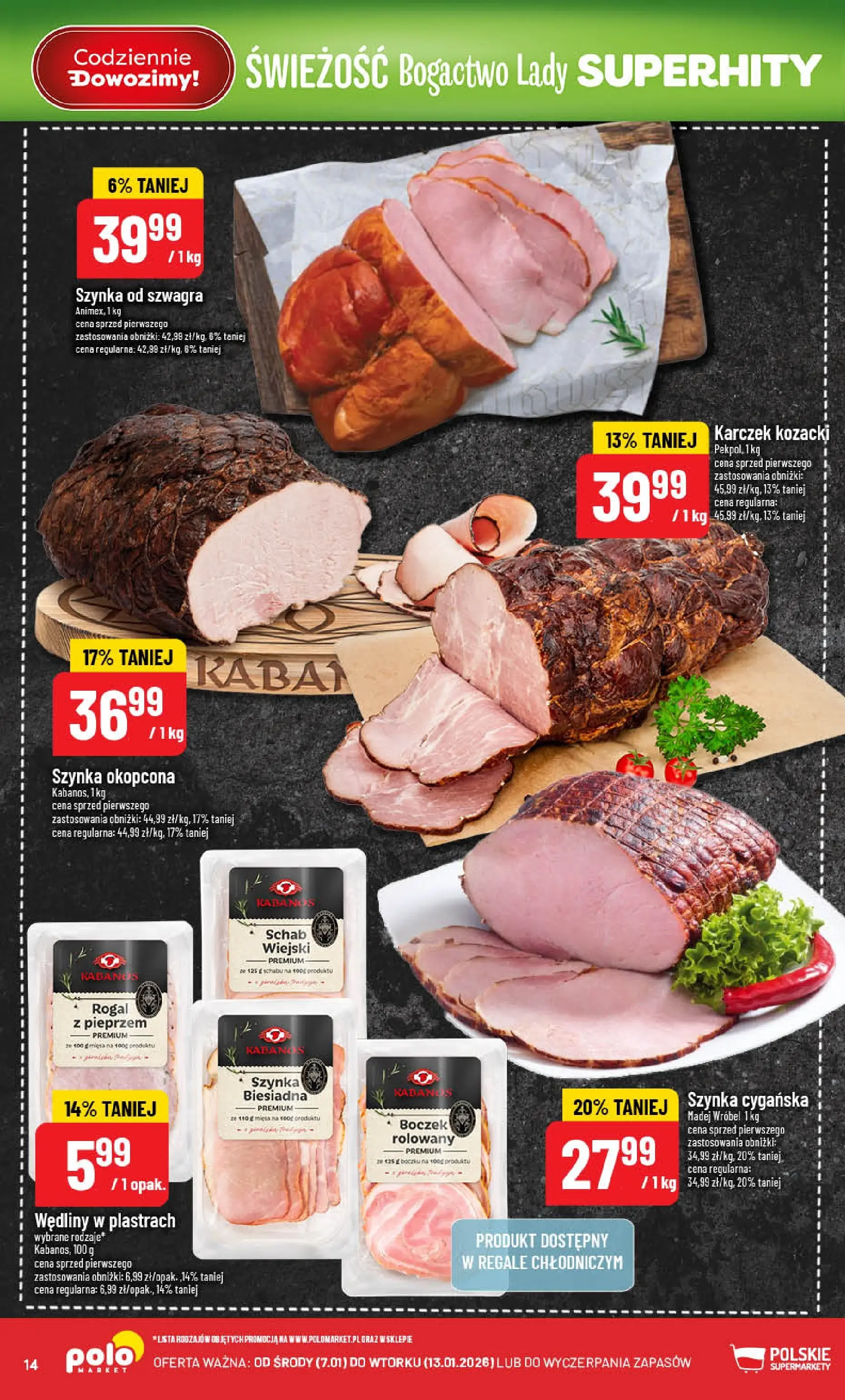Nowa POLOmarket gazetka od jutra 07.01.2026 (PDF) | Strona: 14 | Produkty: Schab, Szynka, Boczek, Wędliny