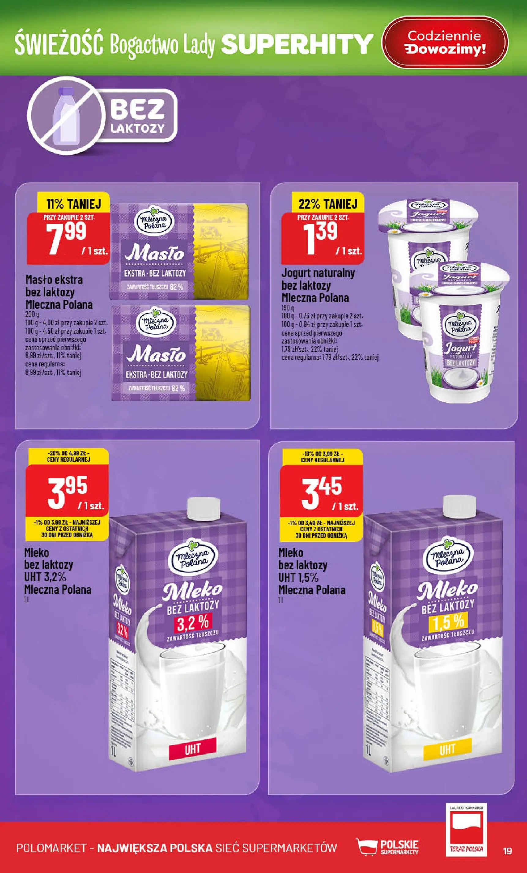 Nowa POLOmarket gazetka od jutra 07.01.2026 (PDF) | Strona: 19 | Produkty: Mleko bez laktozy, Bez laktozy, Jogurt naturalny, Jogurt