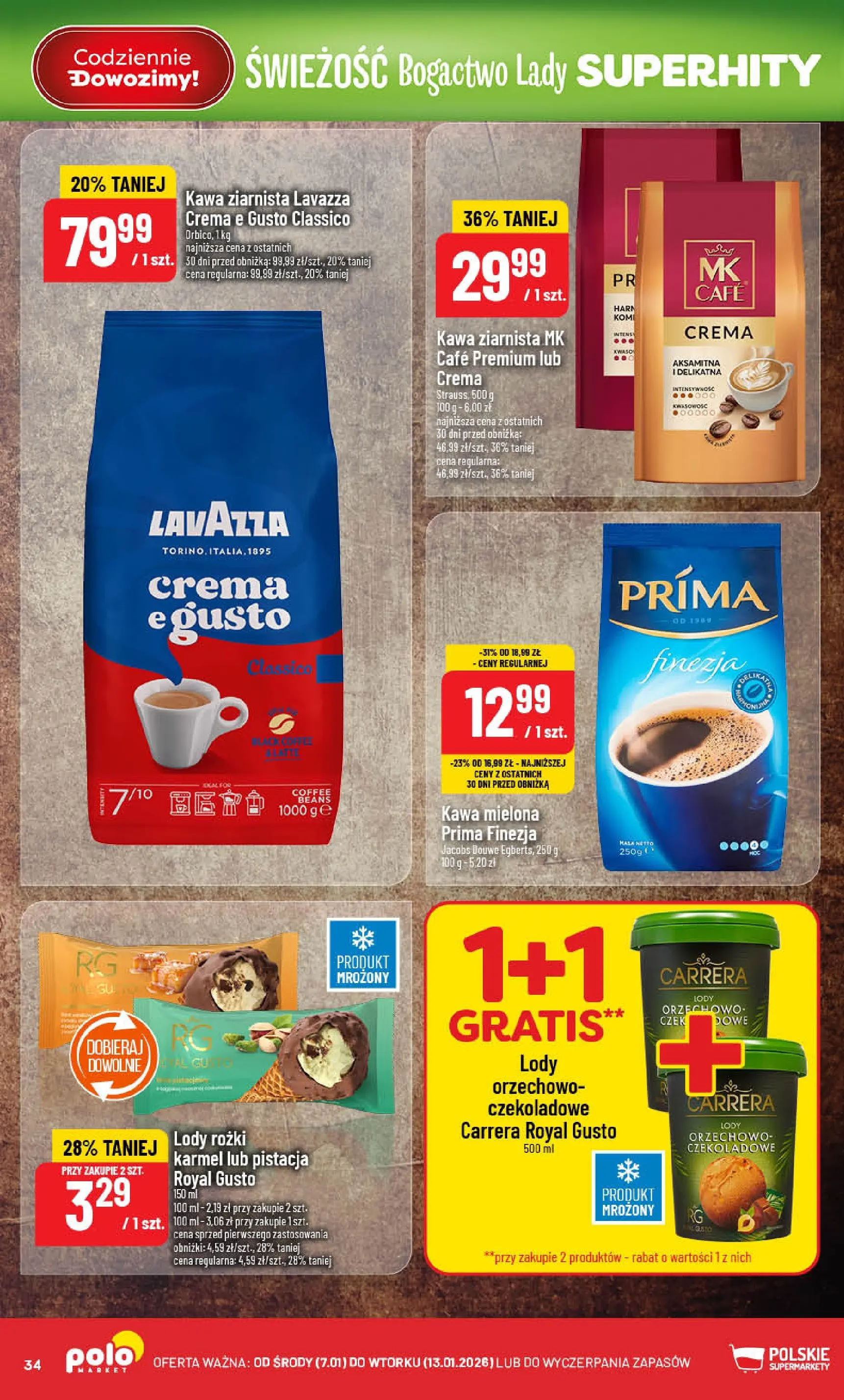 Nowa POLOmarket gazetka od jutra 07.01.2026 (PDF) | Strona: 34 | Produkty: Kawa mielona Prima, Lavazza, Lody rożki, Kawa
